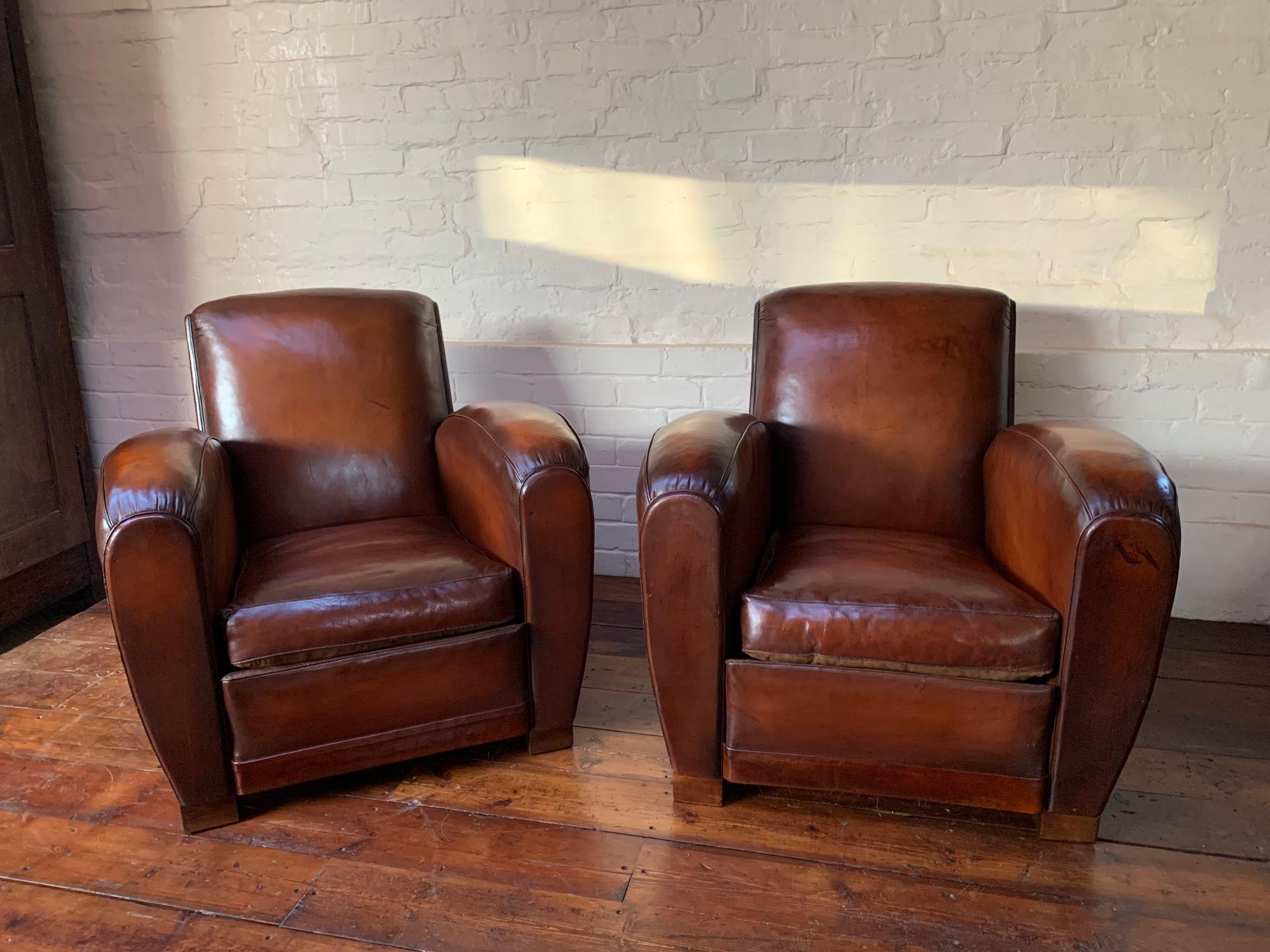 Mid-20th Century Impressive Pair of French Leather Club Chairs, Attributed to Jacques Adnet