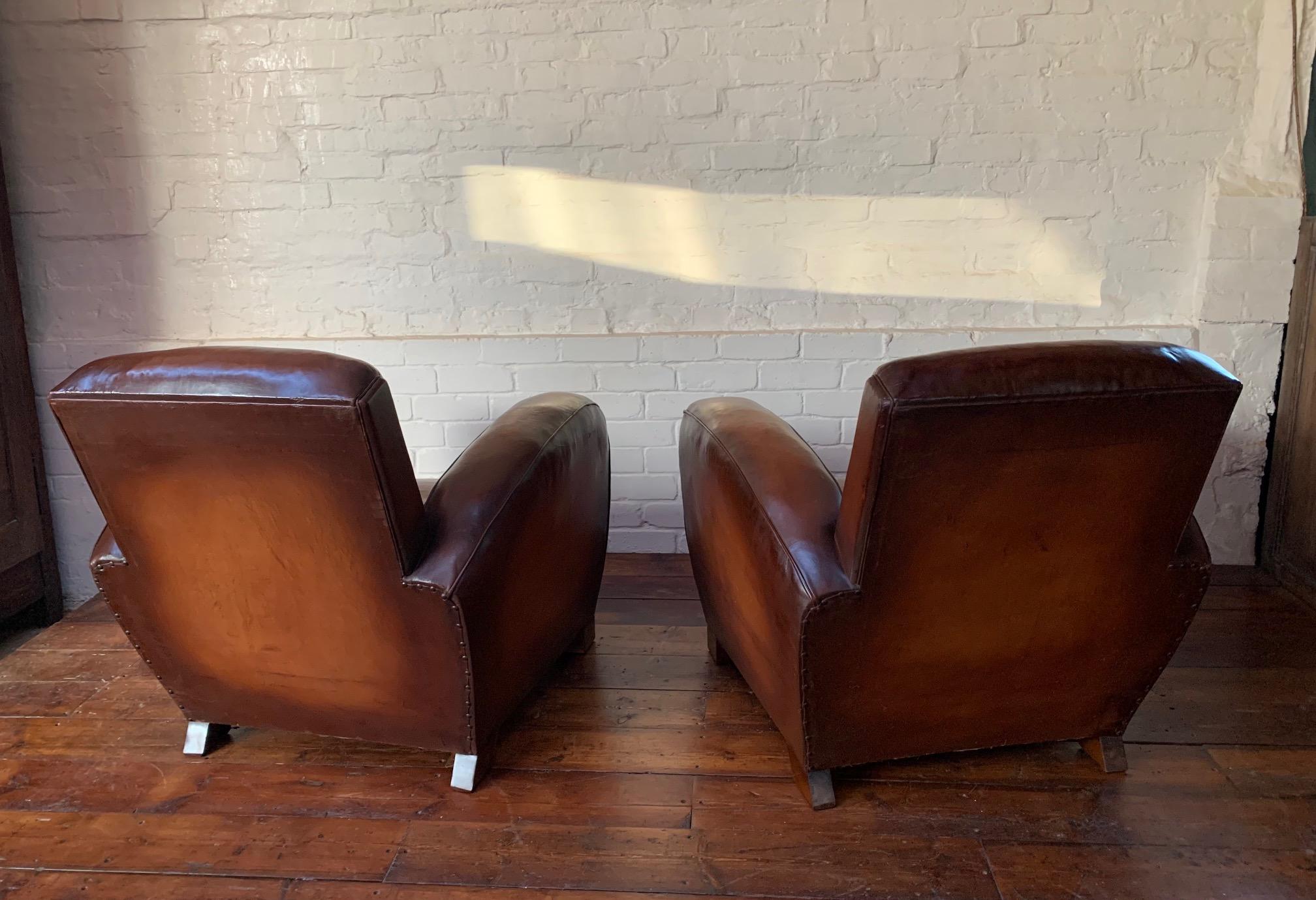 Impressive Pair of French Leather Club Chairs, Attributed to Jacques Adnet 1