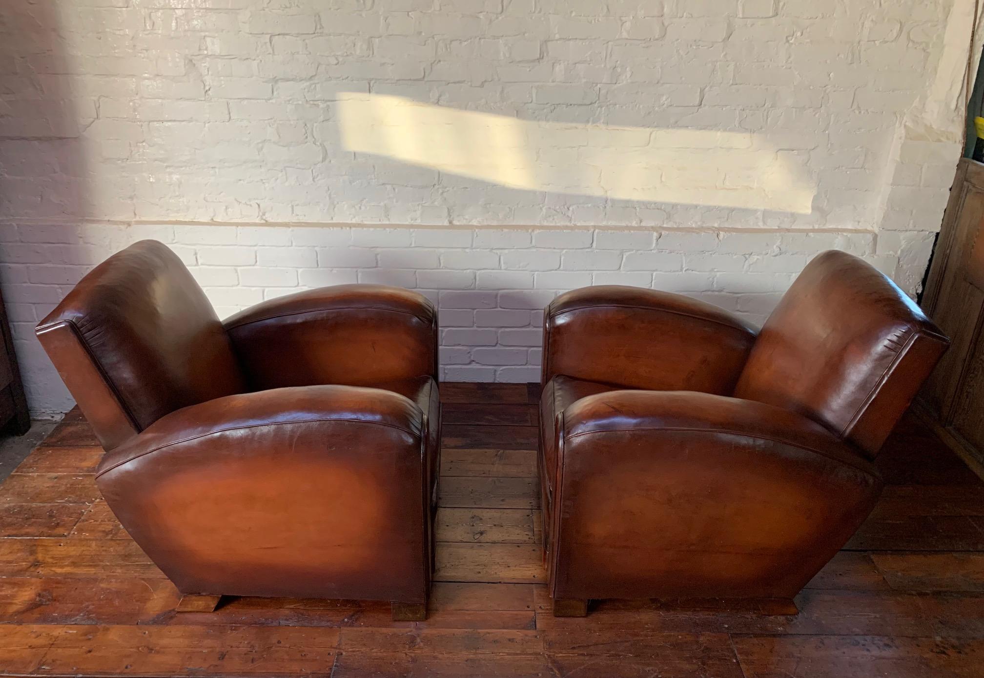 Impressive Pair of French Leather Club Chairs, Attributed to Jacques Adnet 2