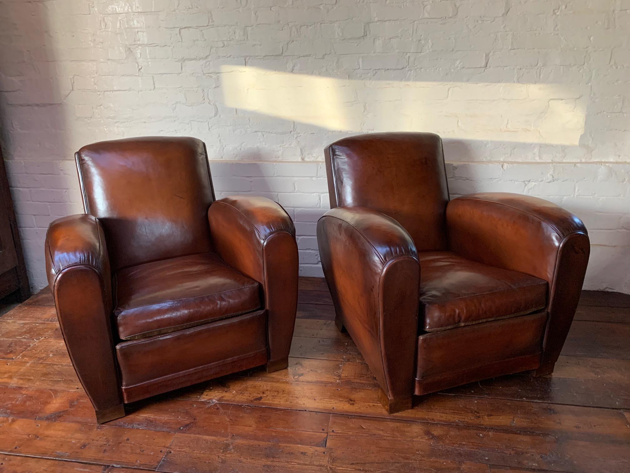 Impressive Pair of French Leather Club Chairs, Attributed to Jacques Adnet 3