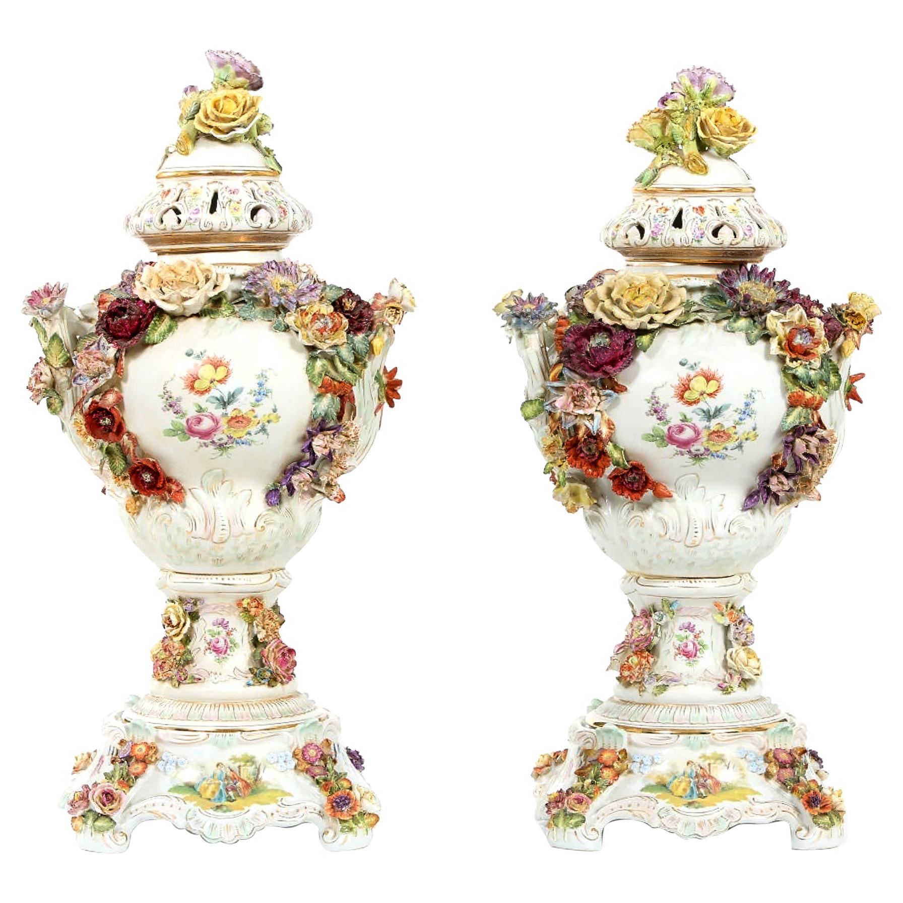 Impressive Pair German Porcelain Covered Urn / Centerpieces