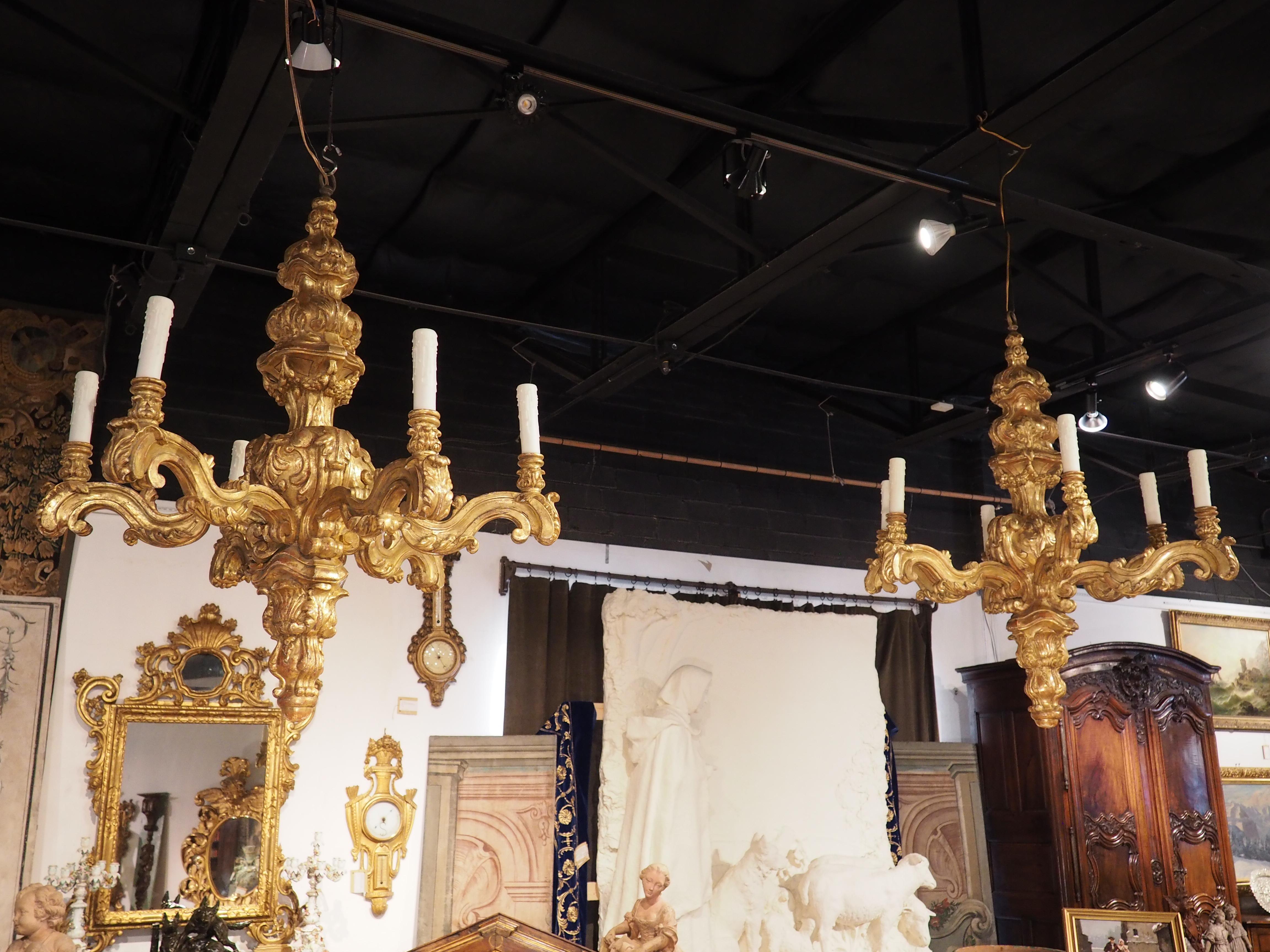 Impressive Pair of Giltwood Louis XIV Style Six-Light Chandeliers For Sale 5