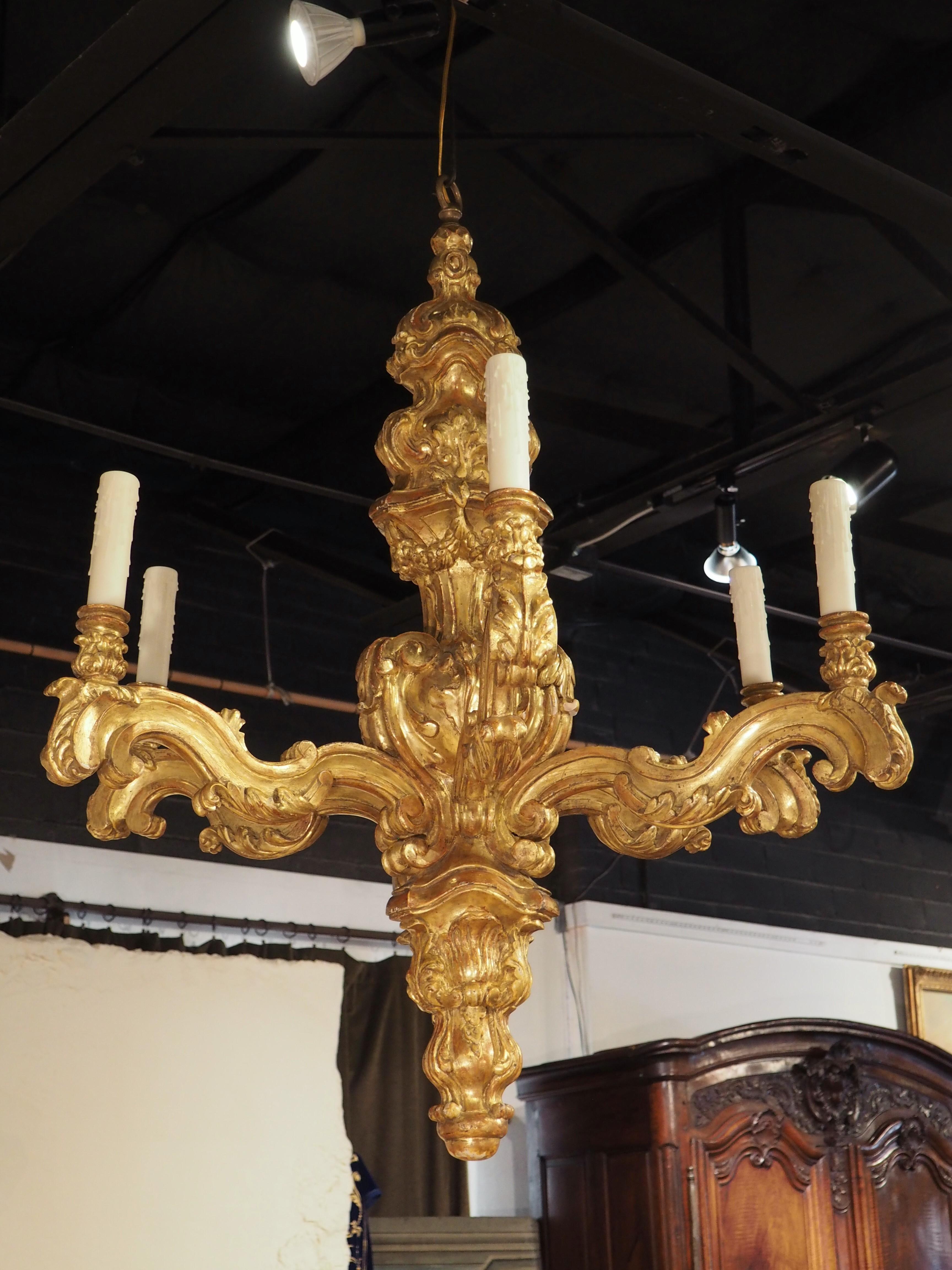 Impressive Pair of Giltwood Louis XIV Style Six-Light Chandeliers For Sale 6