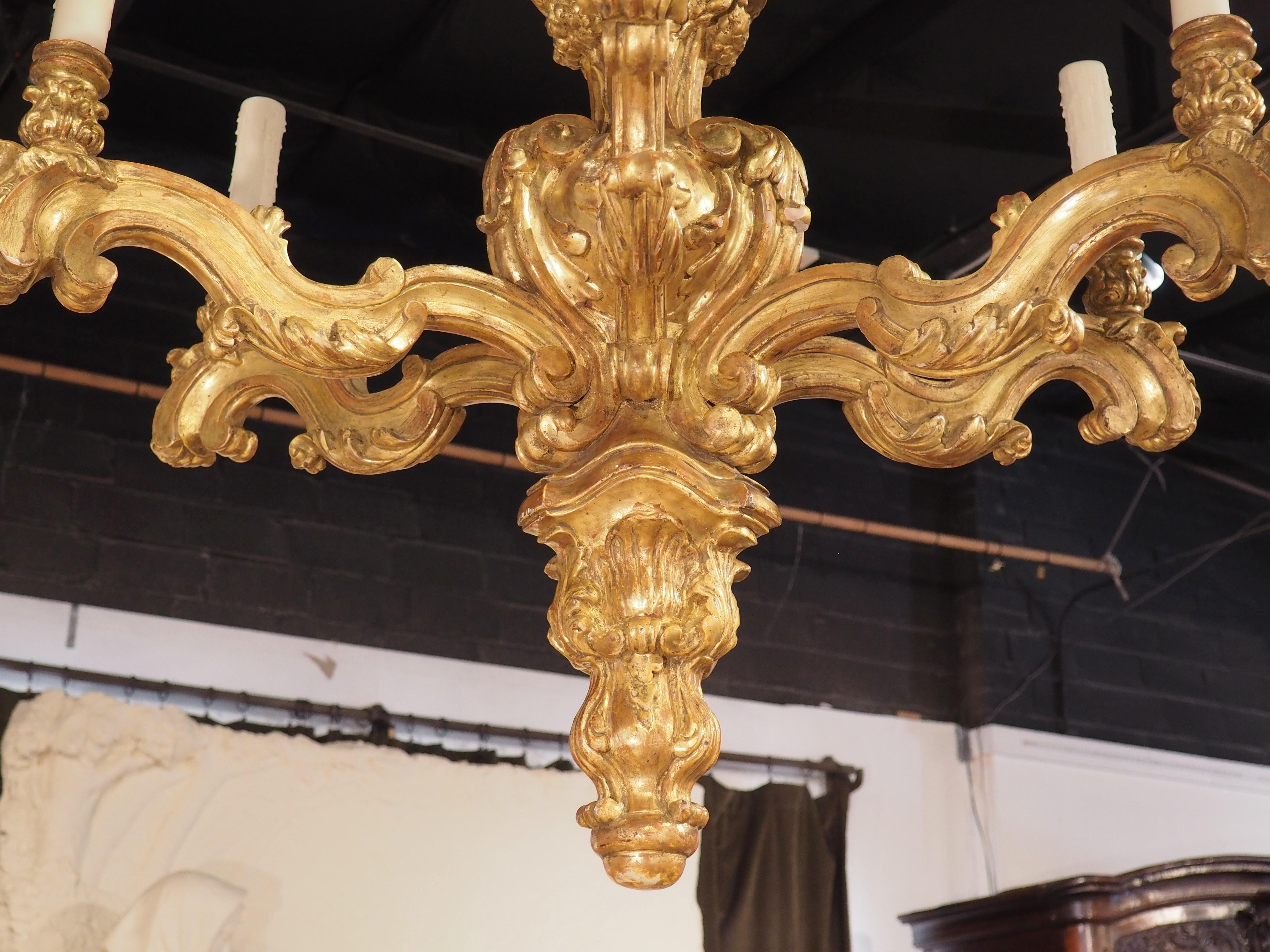 Impressive Pair of Giltwood Louis XIV Style Six-Light Chandeliers For Sale 7