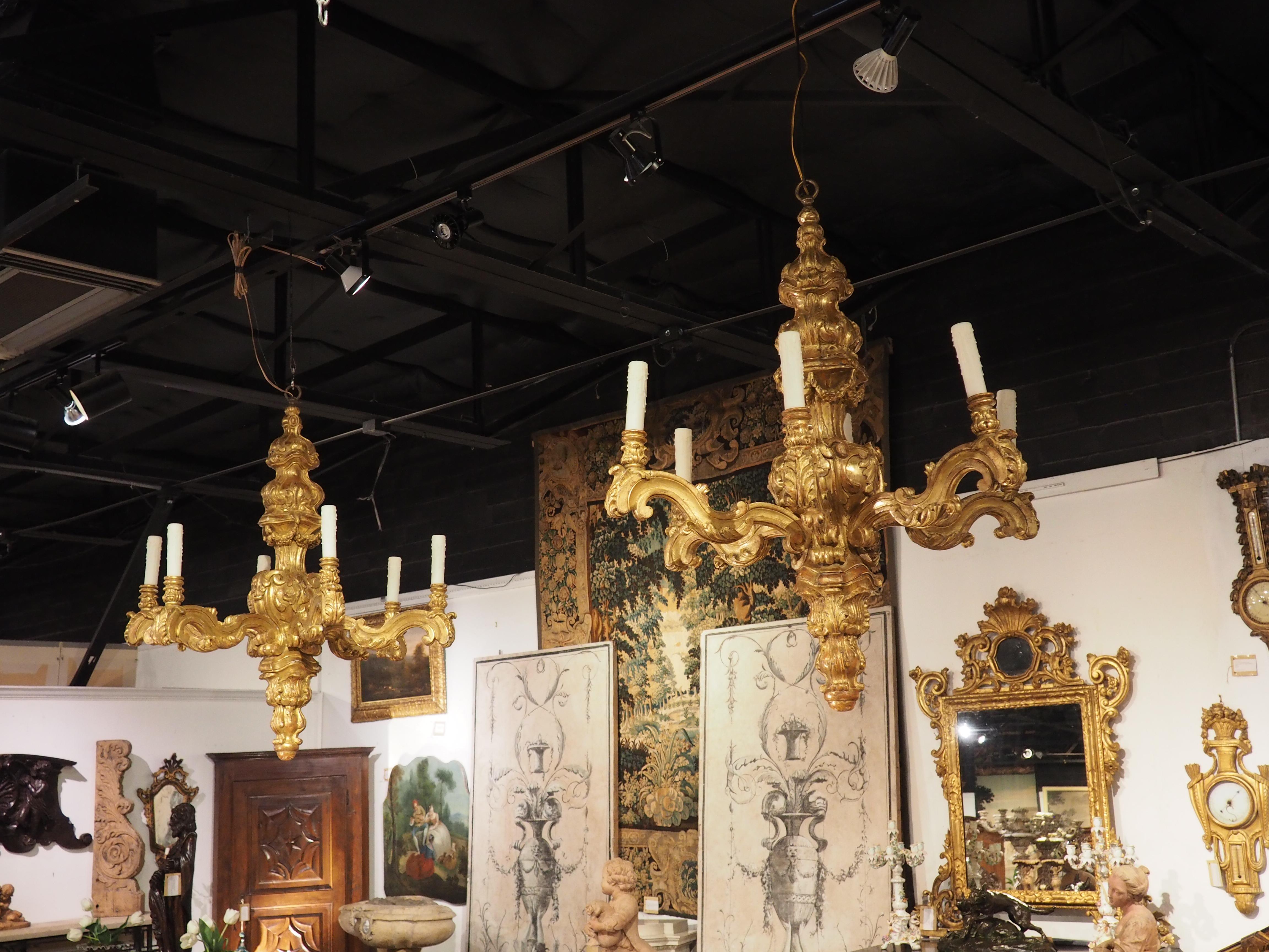 Impressive Pair of Giltwood Louis XIV Style Six-Light Chandeliers For Sale 12