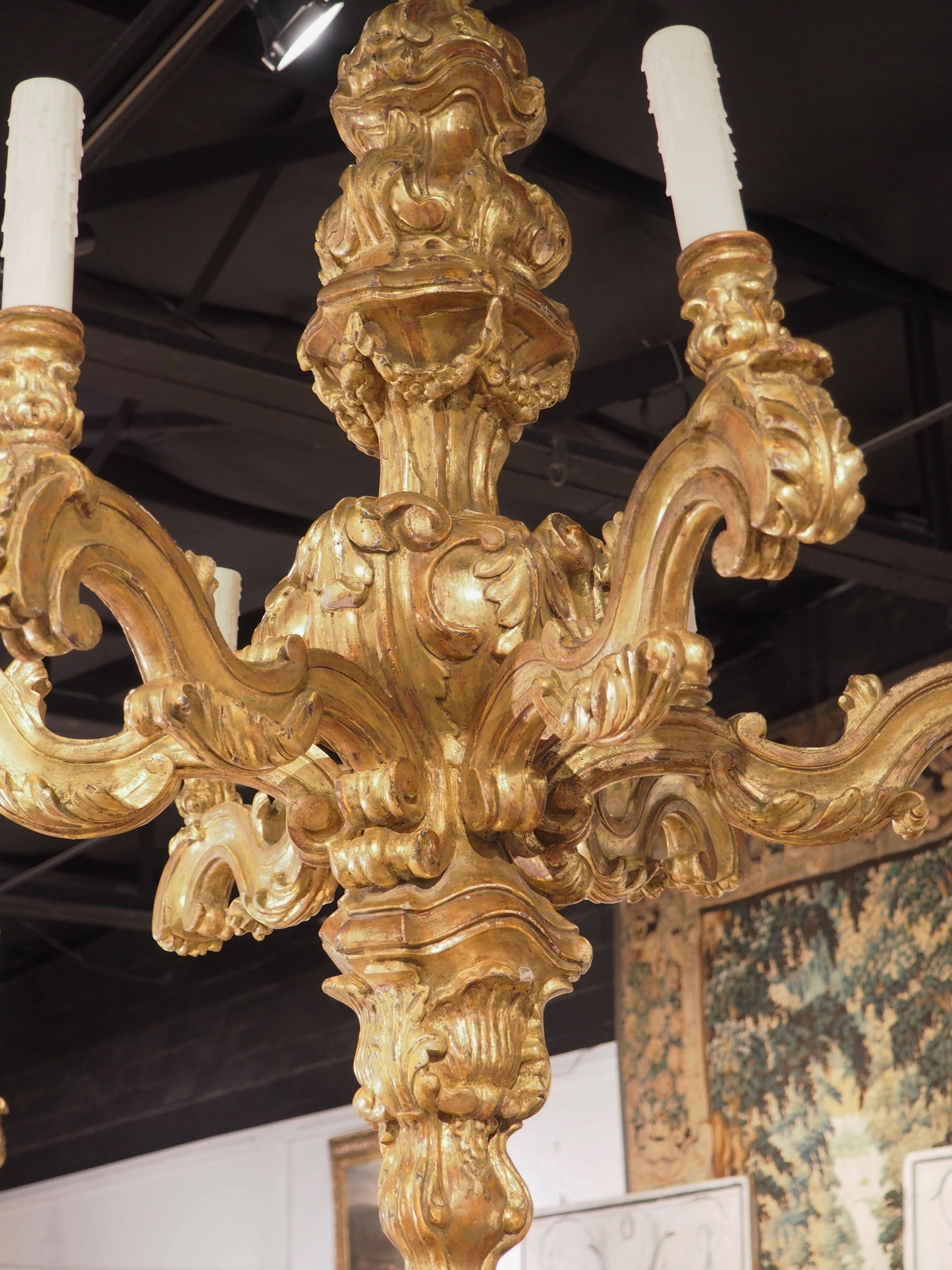 Impressive Pair of Giltwood Louis XIV Style Six-Light Chandeliers For Sale 13