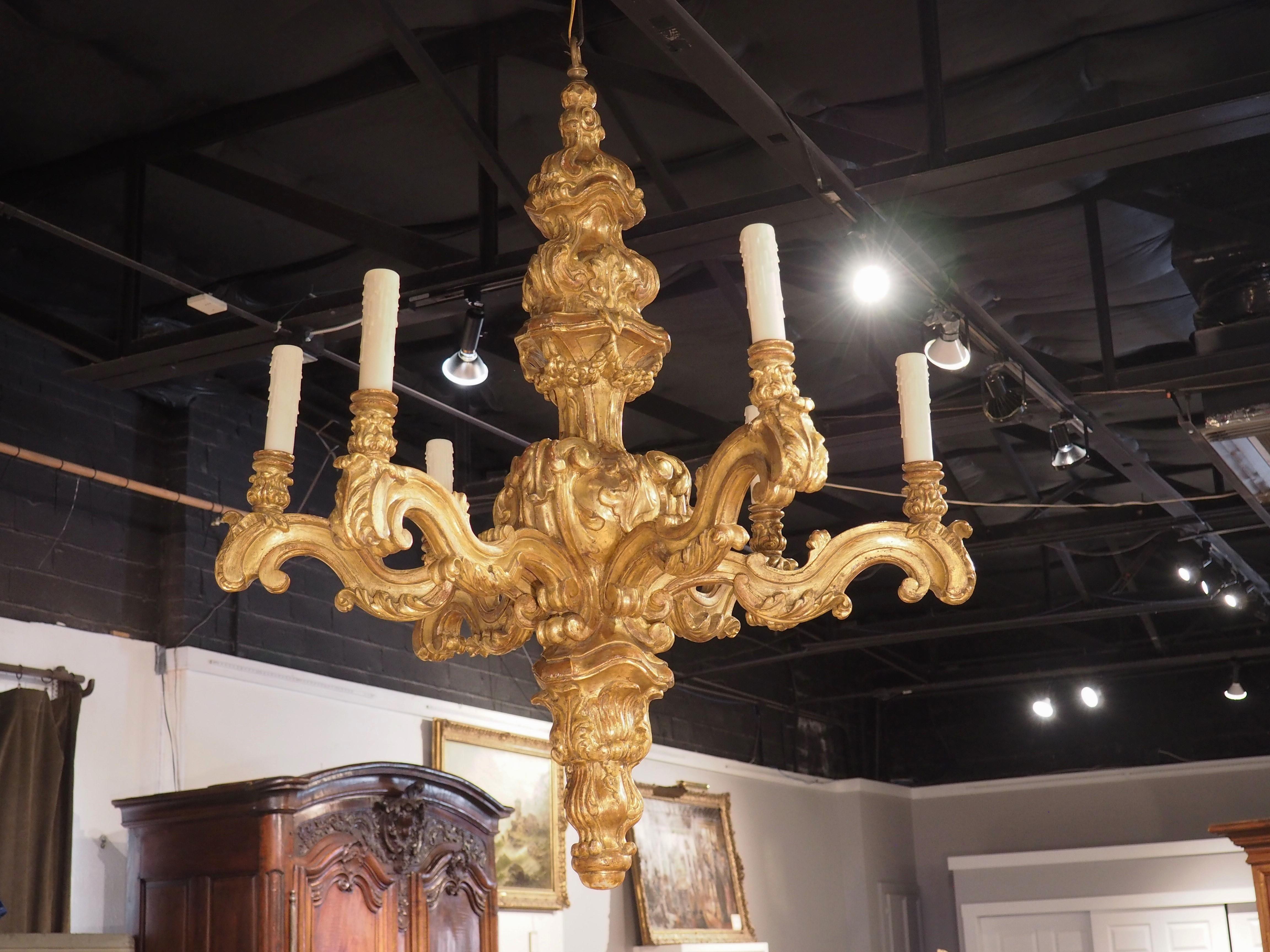This pair of large giltwood six-light chandeliers have been carved in the style of Louis XIV. Louis XIV is characterized by rich ornamentation: symmetrical arrangements, often utilizing acanthus leaves, garlands, and scrolls of short length, all of