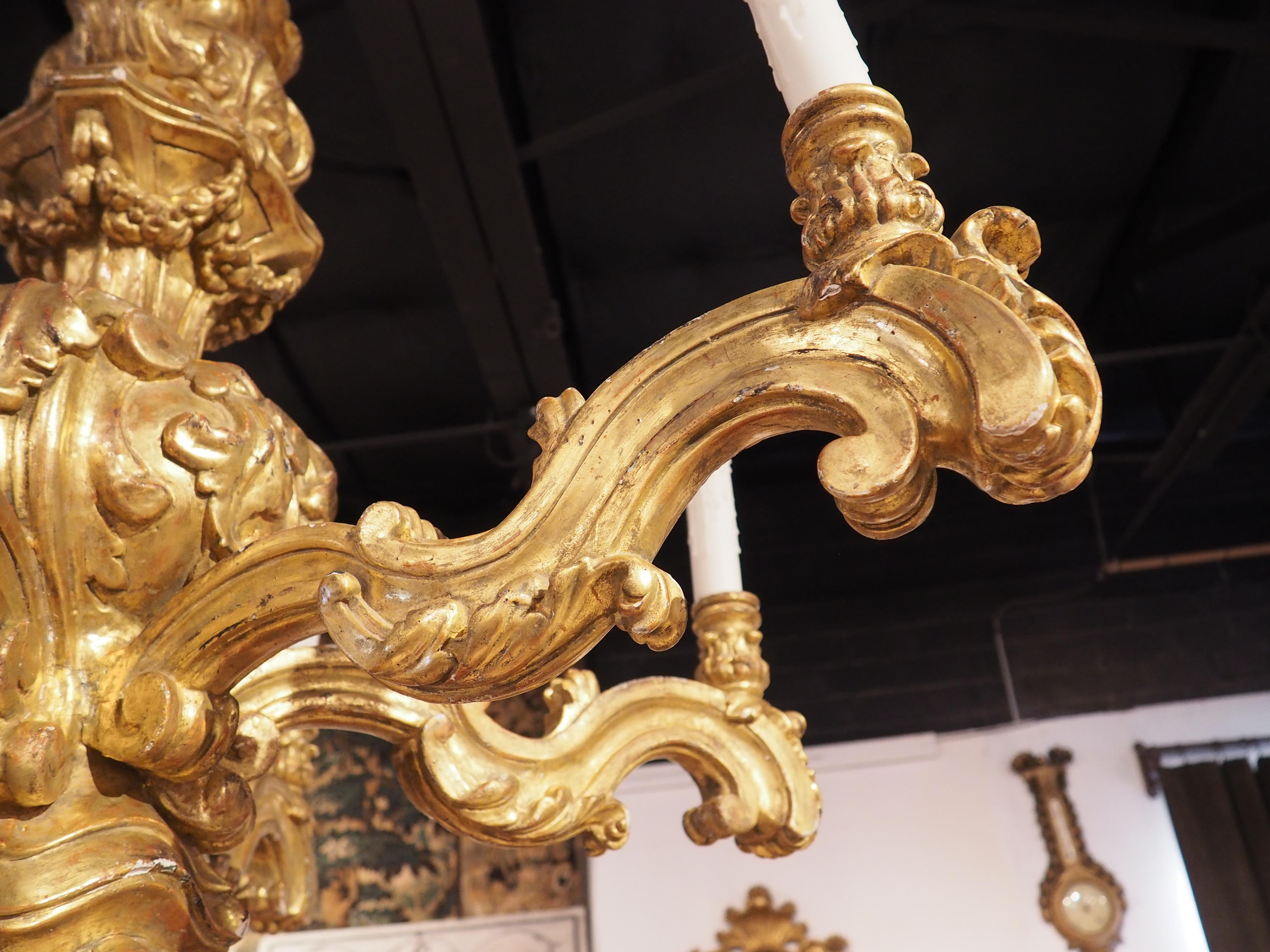 Impressive Pair of Giltwood Louis XIV Style Six-Light Chandeliers In Good Condition For Sale In Dallas, TX