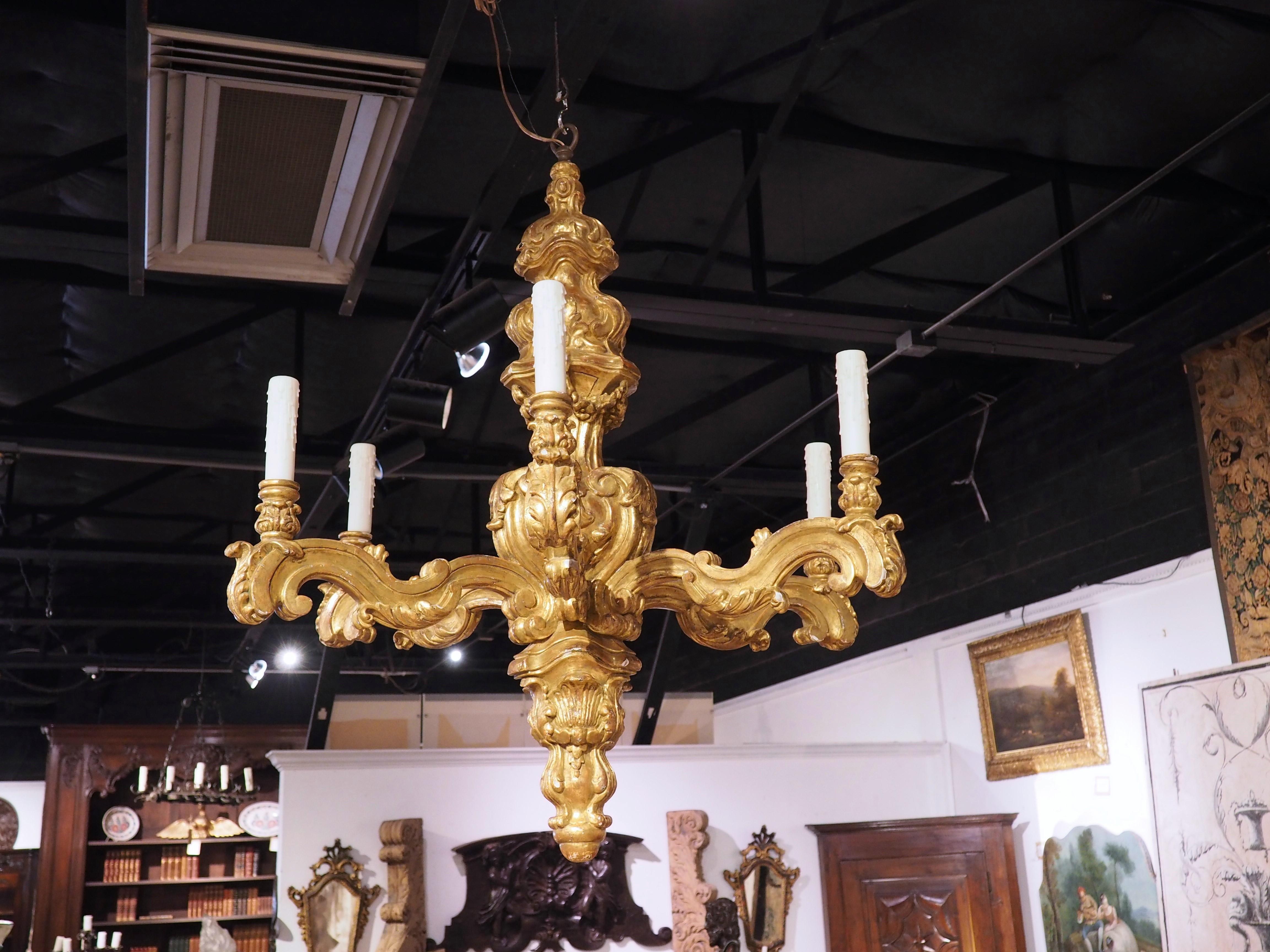 Impressive Pair of Giltwood Louis XIV Style Six-Light Chandeliers For Sale 1