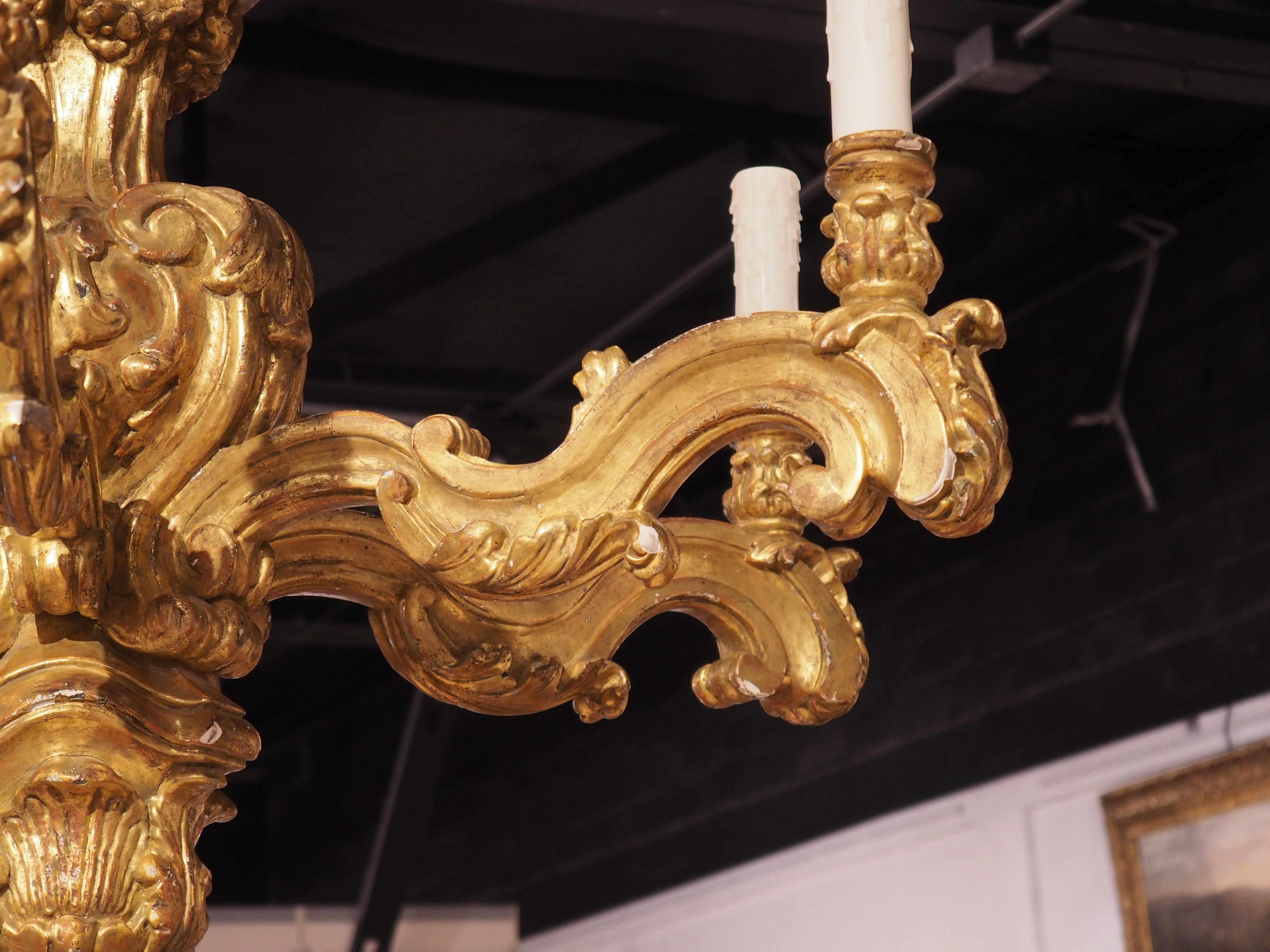 Impressive Pair of Giltwood Louis XIV Style Six-Light Chandeliers For Sale 2