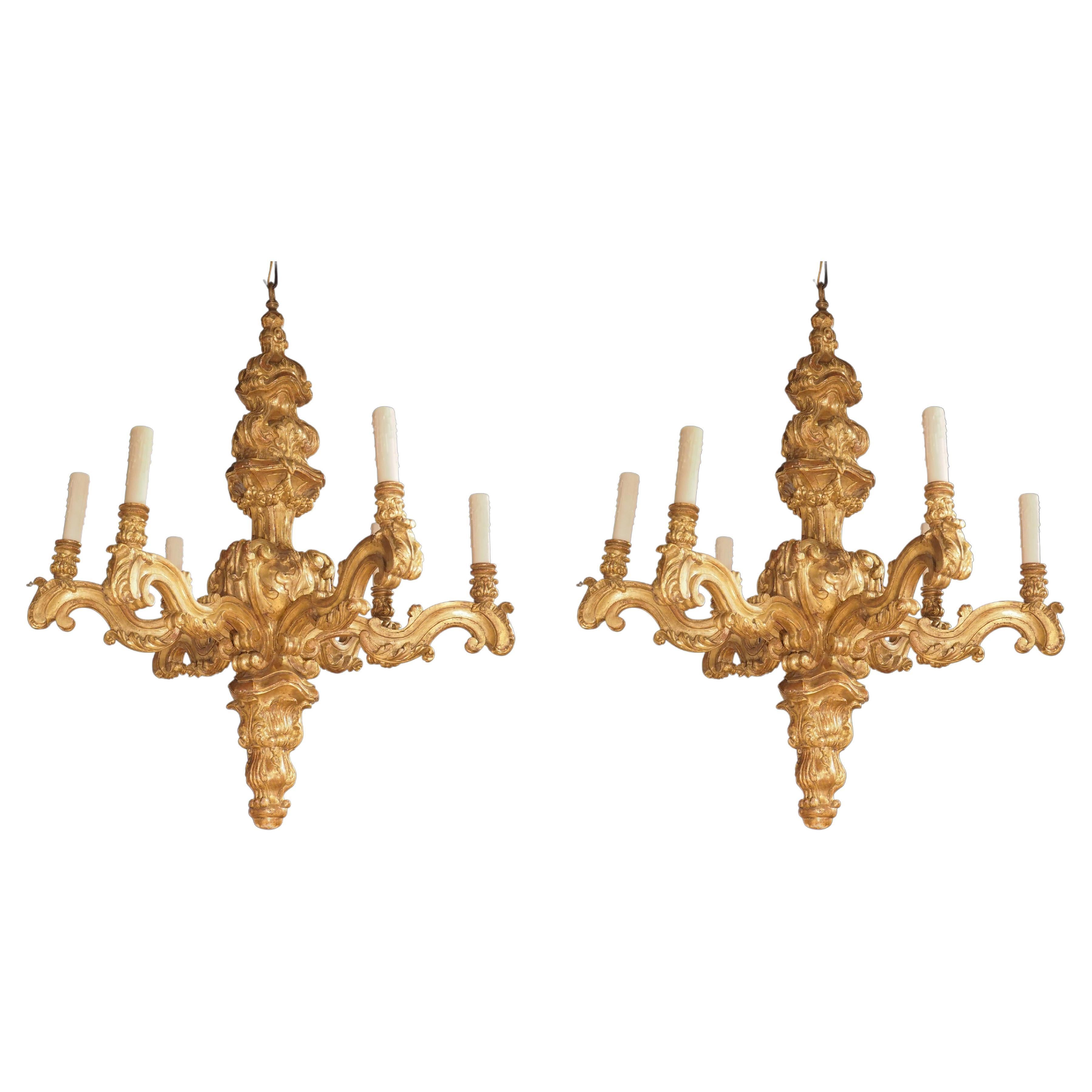 Impressive Pair of Giltwood Louis XIV Style Six-Light Chandeliers For Sale