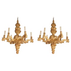 Impressionnante paire de lustres à six lumières en bois doré de style Louis XIV