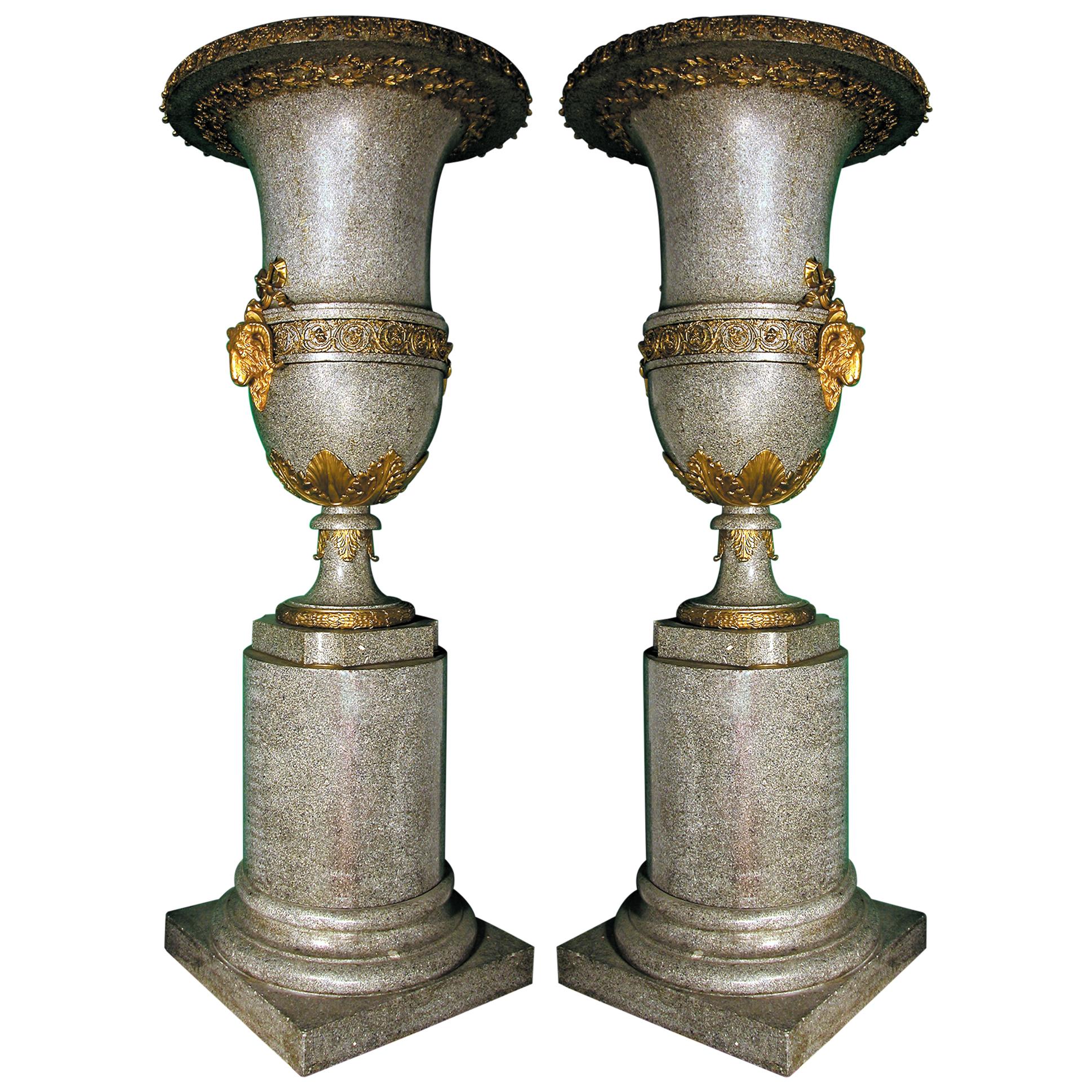 Impressive Pair of Granite and Gilded Bronze Urns, France, 20th Century For Sale