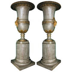 Vintage Impressive Pair of Granite and Gilded Bronze Urns, France, 20th Century