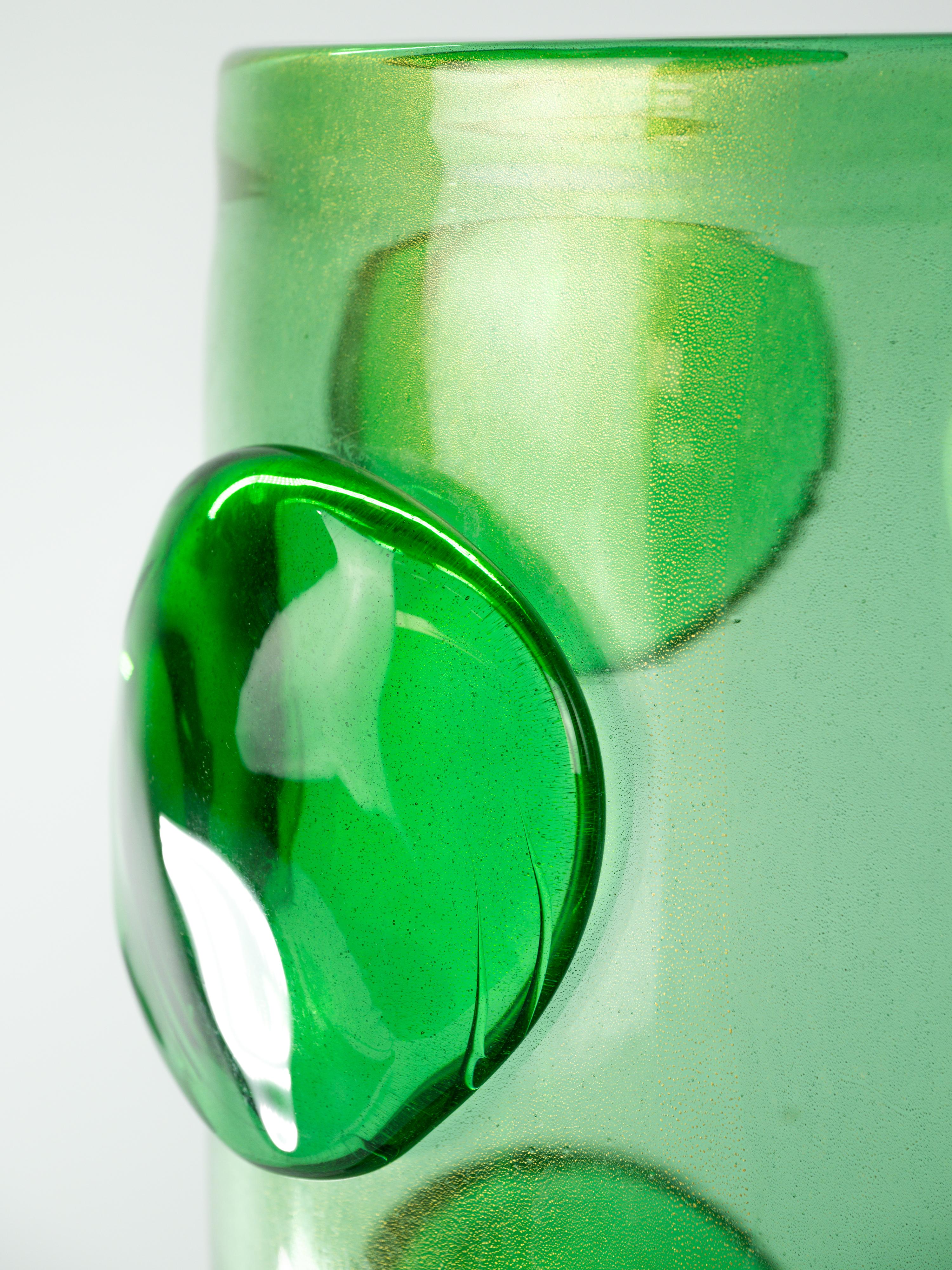 Italian Impressive pair of green and gold powder Murano glass vases For Sale