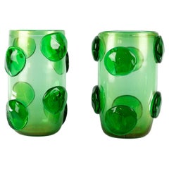Impressive pair of green and gold powder Murano glass vases