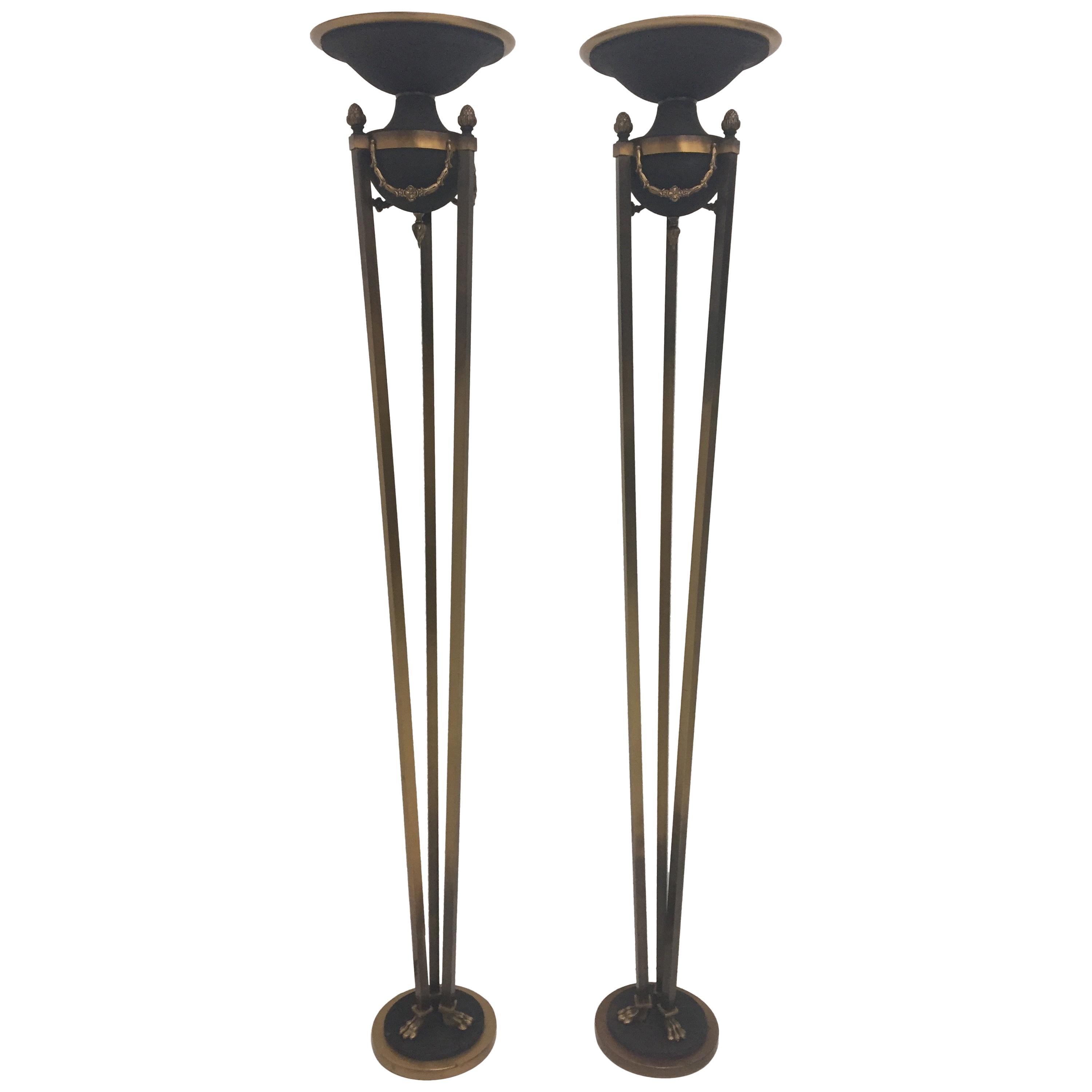 Impressive Pair of Italian Hollywood Regency Style Torchieres Floor Lamps