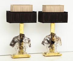 Pair of Clear and Black Swirl Murano Glass Sculptural Male Bust Lamps, Italy
