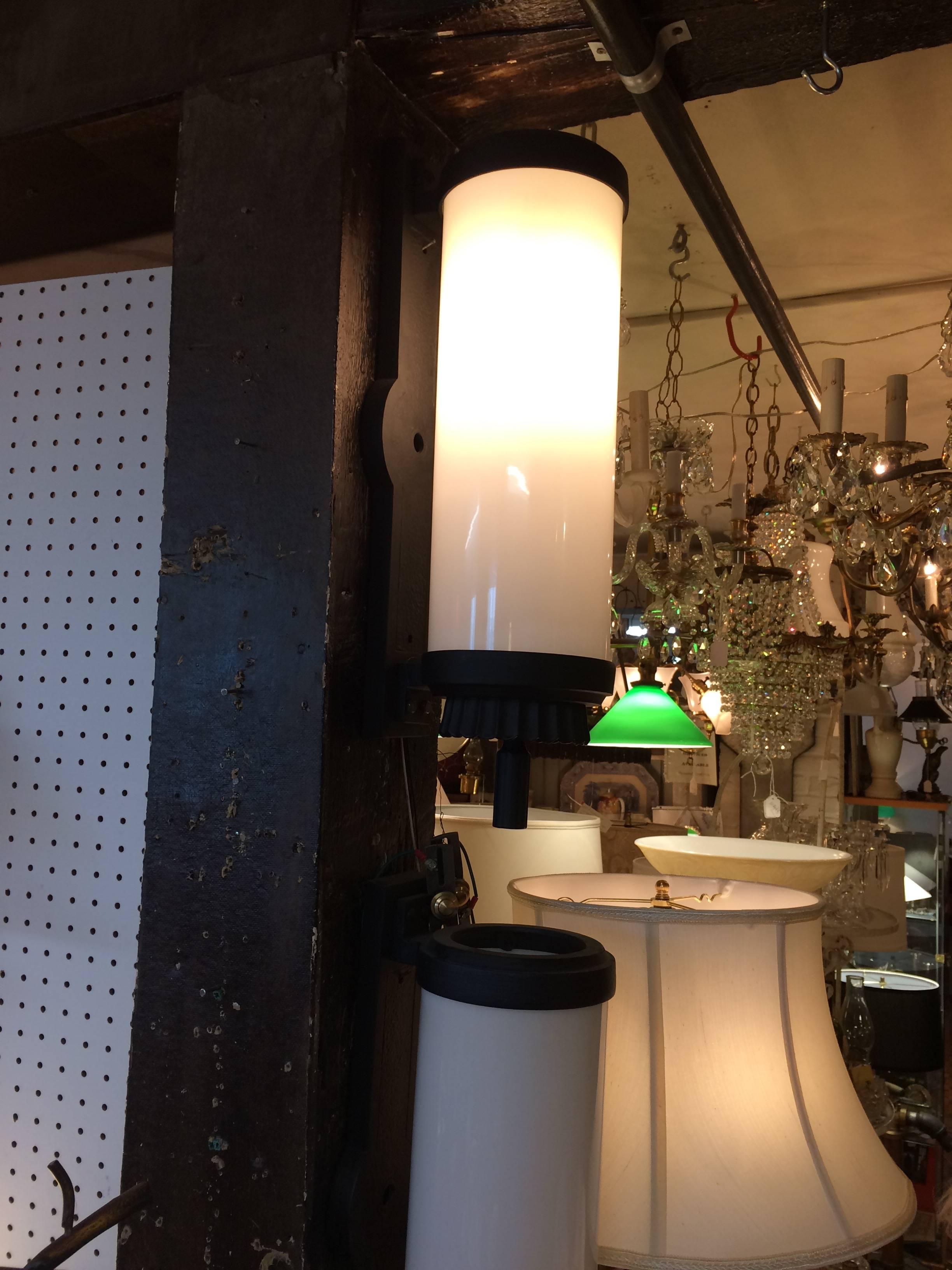 Early 20th Century Impressive Pair of Large Art Deco Tubular Milk Glass and Iron Sconces