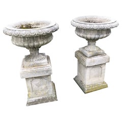 Impressive Pair of Large Cast Stone Garden Urns Planters on Plinths