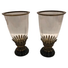 Vintage Impressive Pair of Large Glass Hurricanes on Marble & Bronze Bases