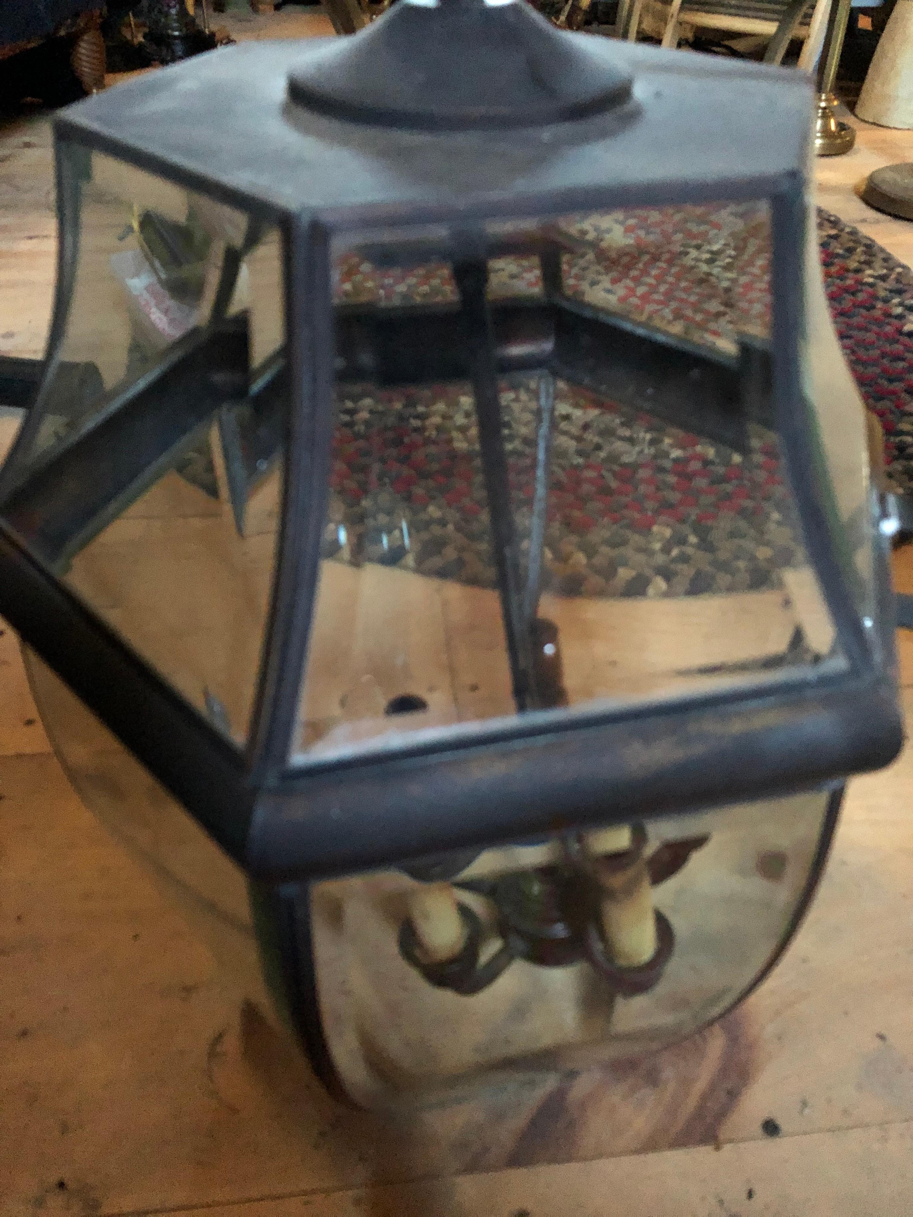 American Impressive Pair of Large Metal & Beveled Glass Wall Mounted Lanterns For Sale