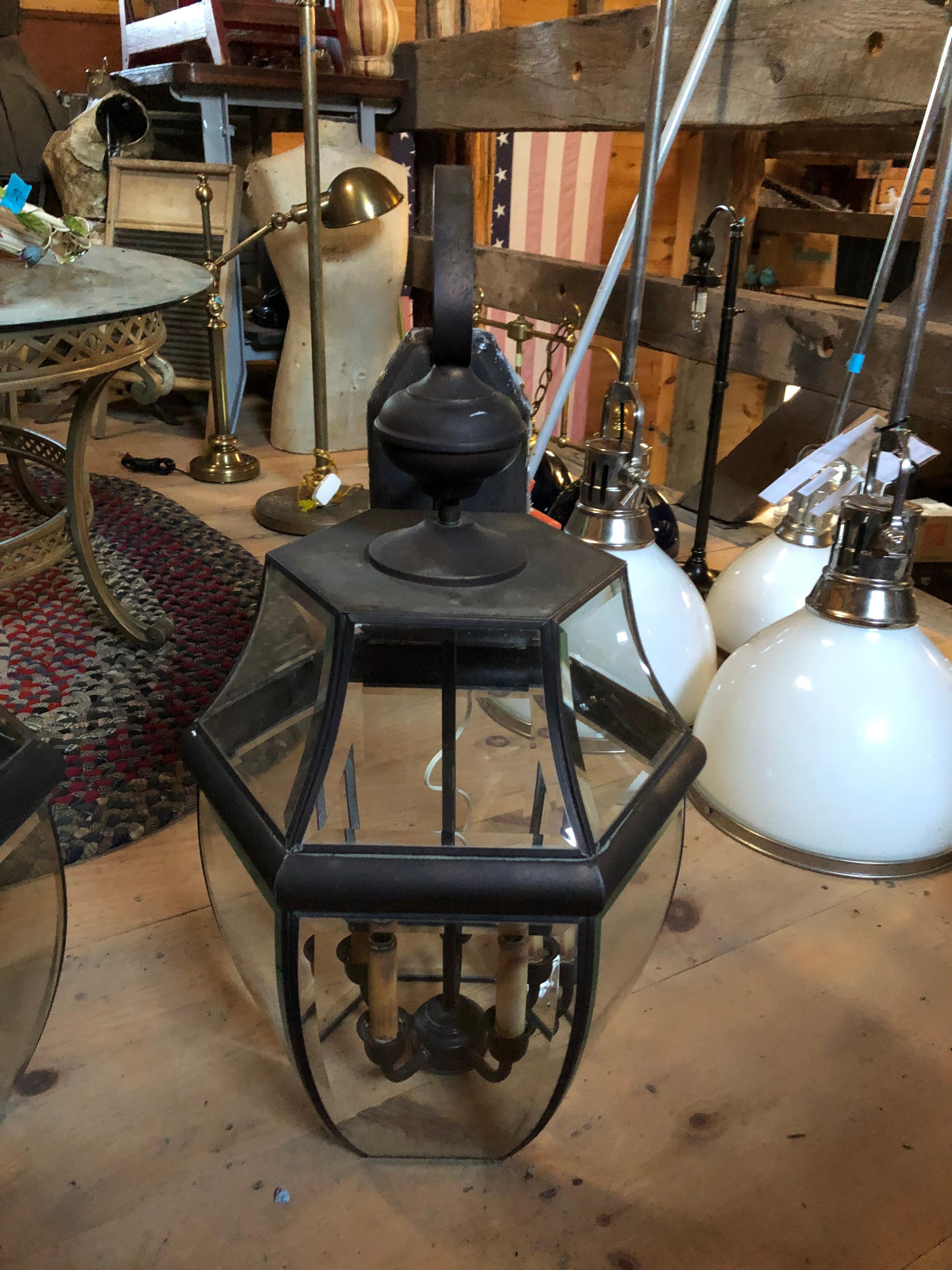 Impressive Pair of Large Metal & Beveled Glass Wall Mounted Lanterns In Good Condition For Sale In Hopewell, NJ