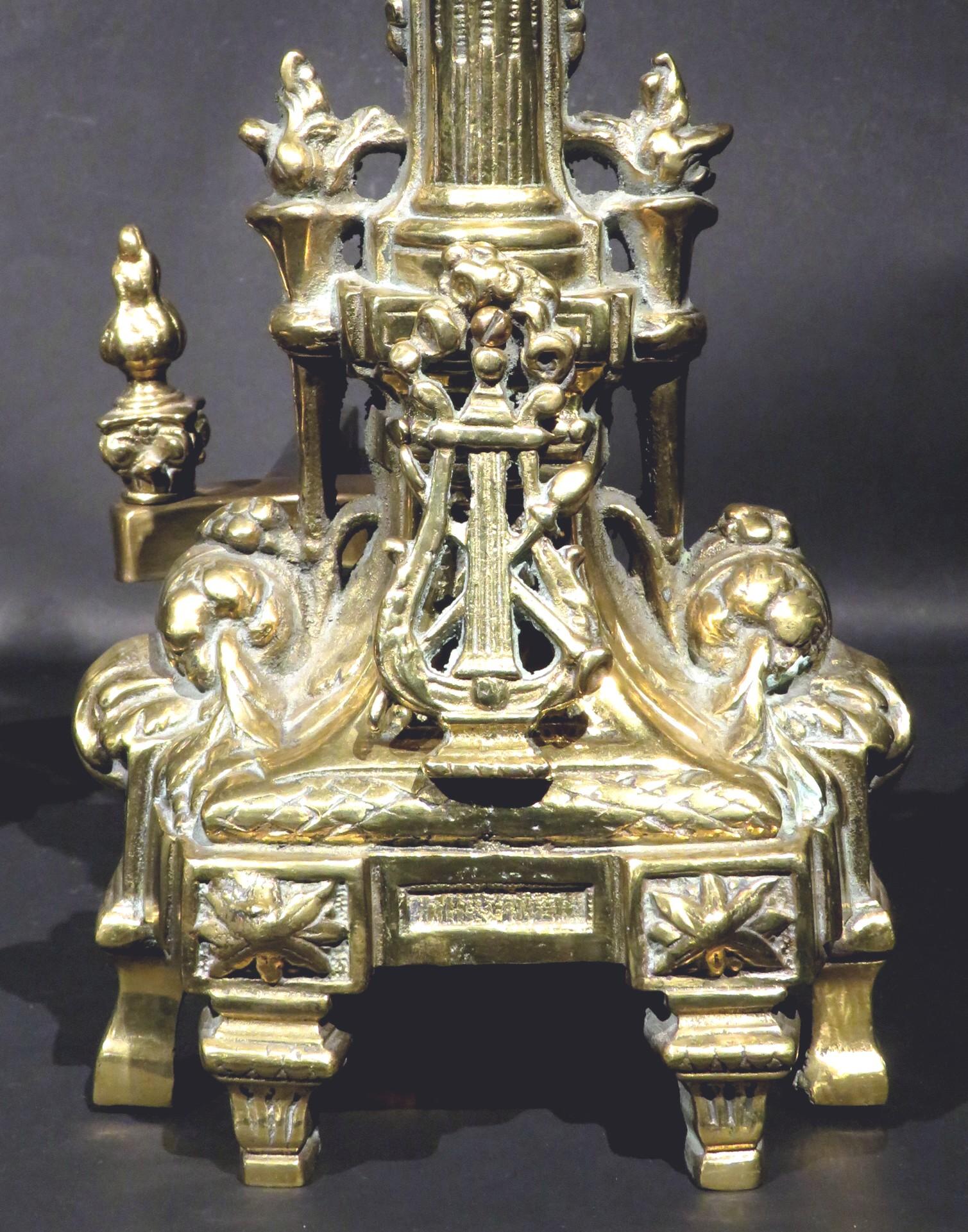 19th Century Impressive Pair of Louis XVI Style Gilt Bronze Chenets, France Circa 1900 For Sale