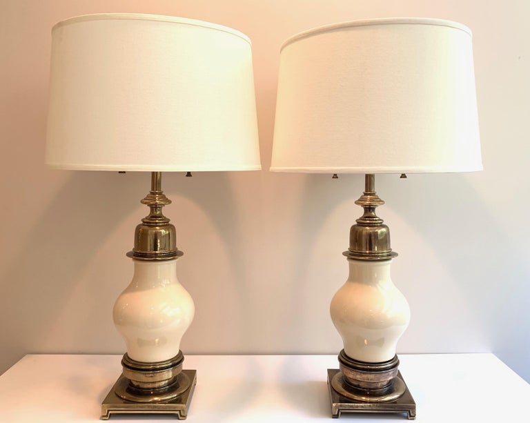 Hollywood Regency Impressive Pair of Midcentury Ceramic and Brass Table Lamps, by Stiffel For Sale