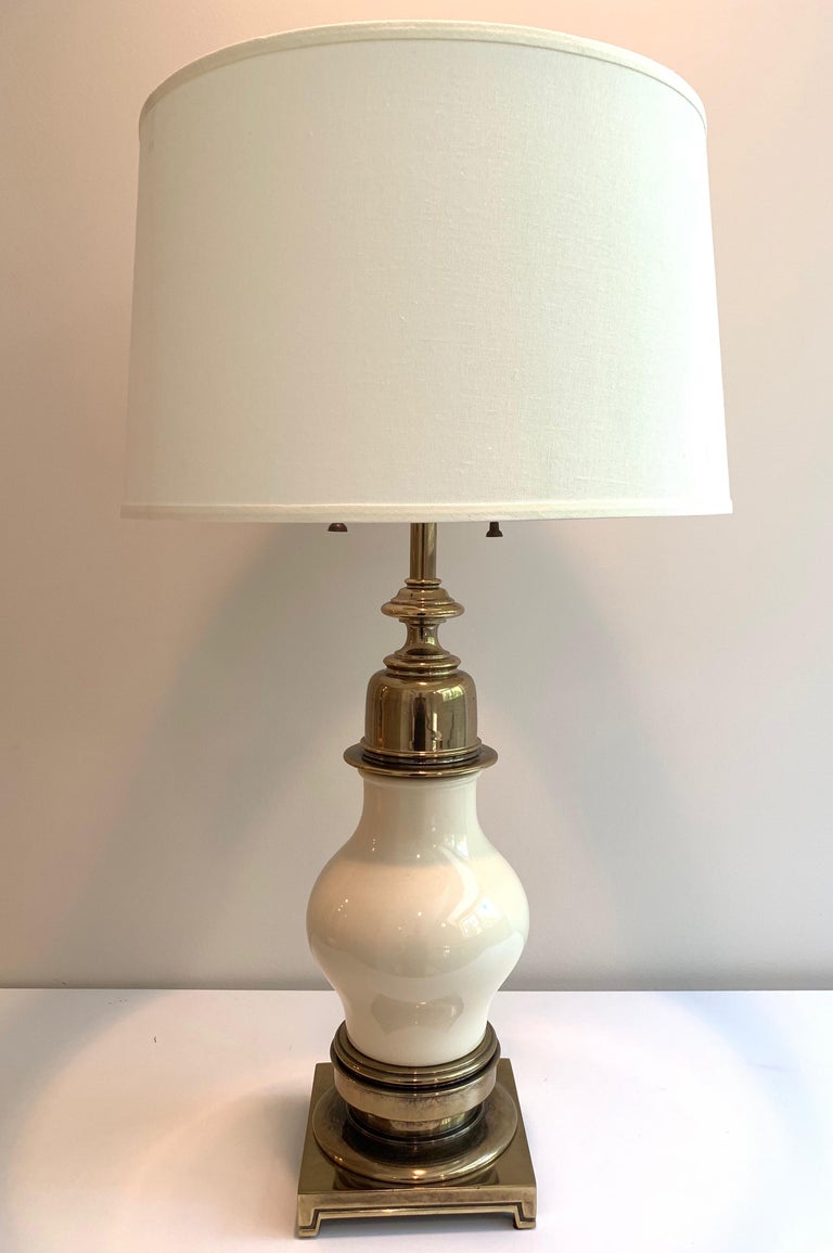 American Impressive Pair of Midcentury Ceramic and Brass Table Lamps, by Stiffel For Sale