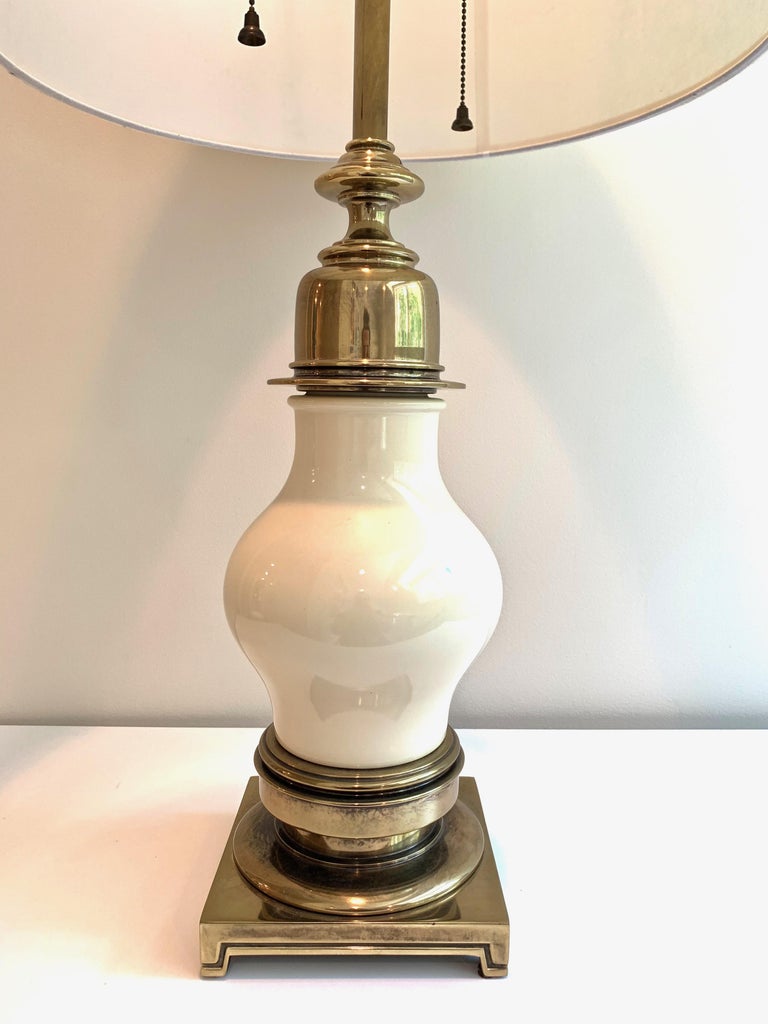 Impressive Pair of Midcentury Ceramic and Brass Table Lamps, by Stiffel In Good Condition For Sale In Stamford, CT