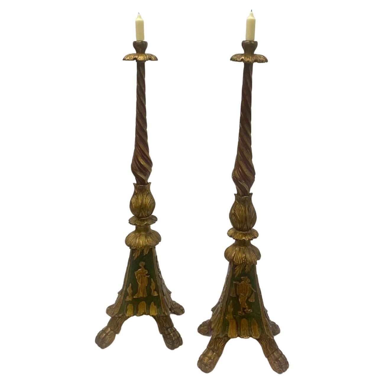 Impressive Pair of Monumental Carved Wood Italian Candlesticks with Gilt Paint For Sale