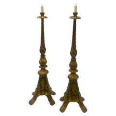 Impressive Pair of Monumental Carved Wood Italian Candlesticks with Gilt Paint