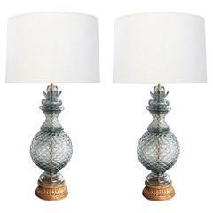 Impressive Pair of Murano Blue-gray Pineapple-form Lamps by Seguso for Marbro 