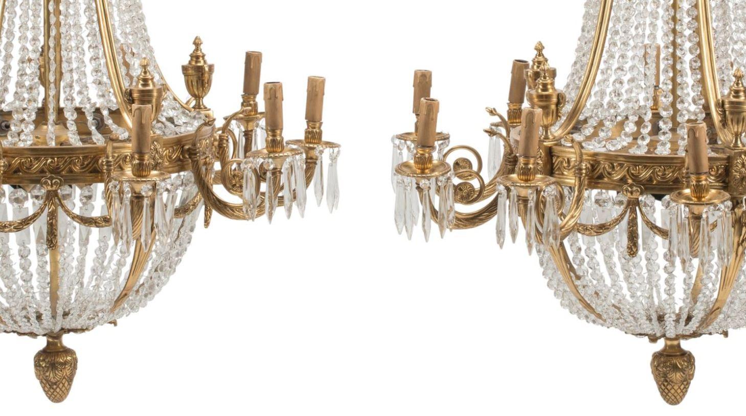 Impressive Pair Of Neoclassical Style Cut Crystal And Bronze Chandeliers For Sale 6