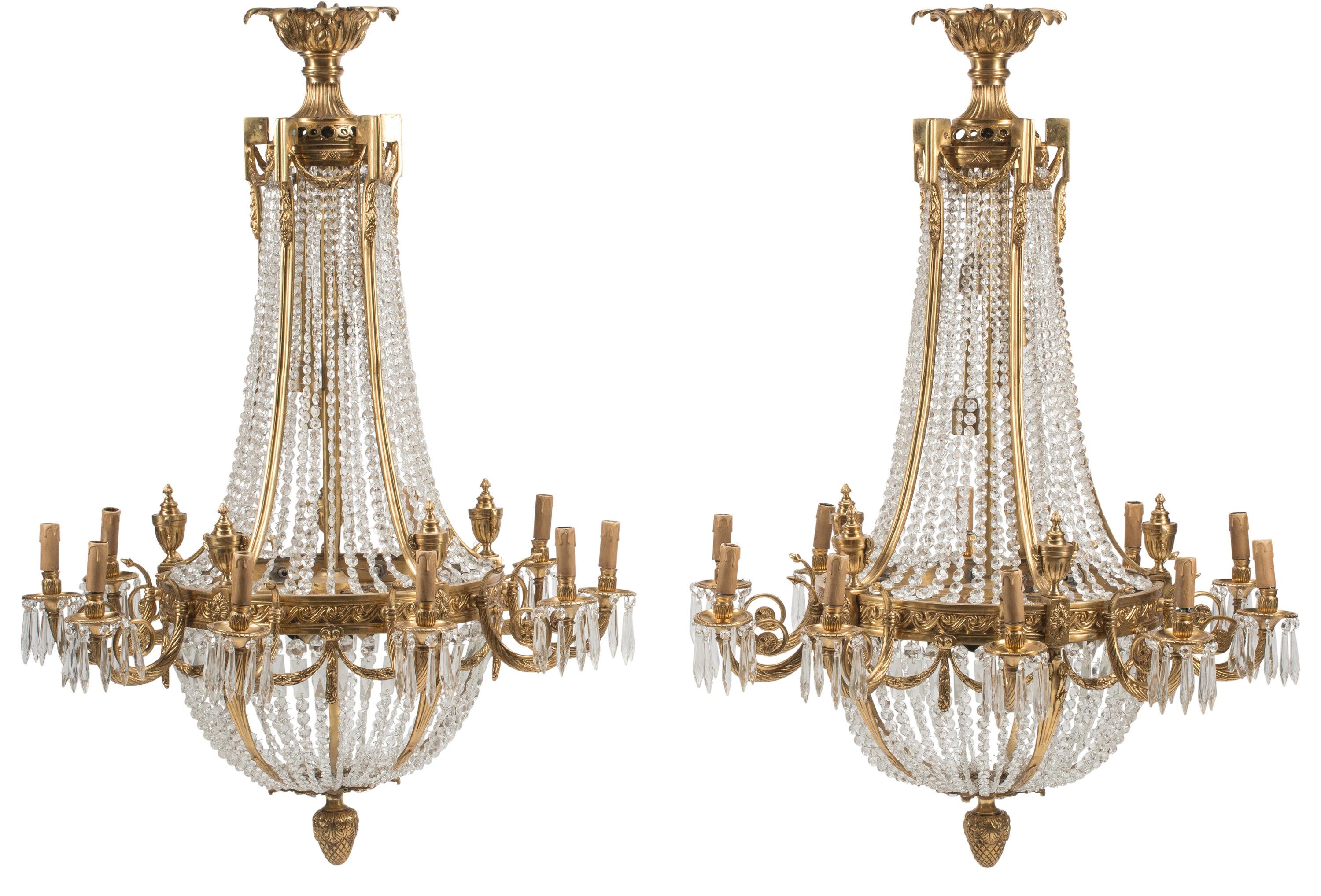 Impressive Pair Of Neoclassical Style Cut Crystal And Bronze Chandeliers For Sale 8