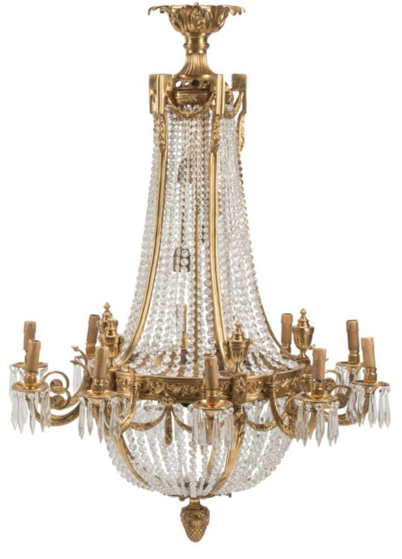 Faceted Impressive Pair Of Neoclassical Style Cut Crystal And Bronze Chandeliers For Sale