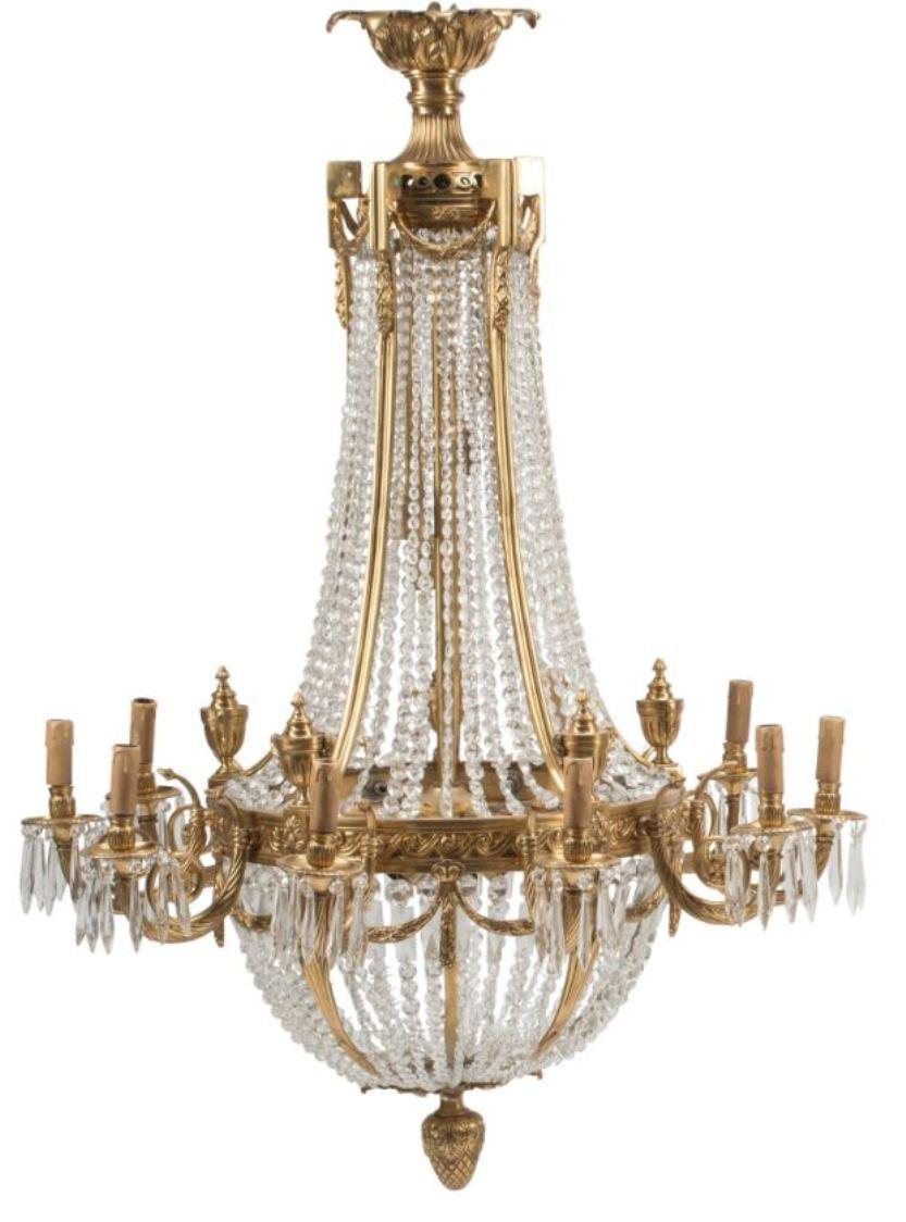 Impressive Pair Of Neoclassical Style Cut Crystal And Bronze Chandeliers In Good Condition For Sale In Cypress, CA