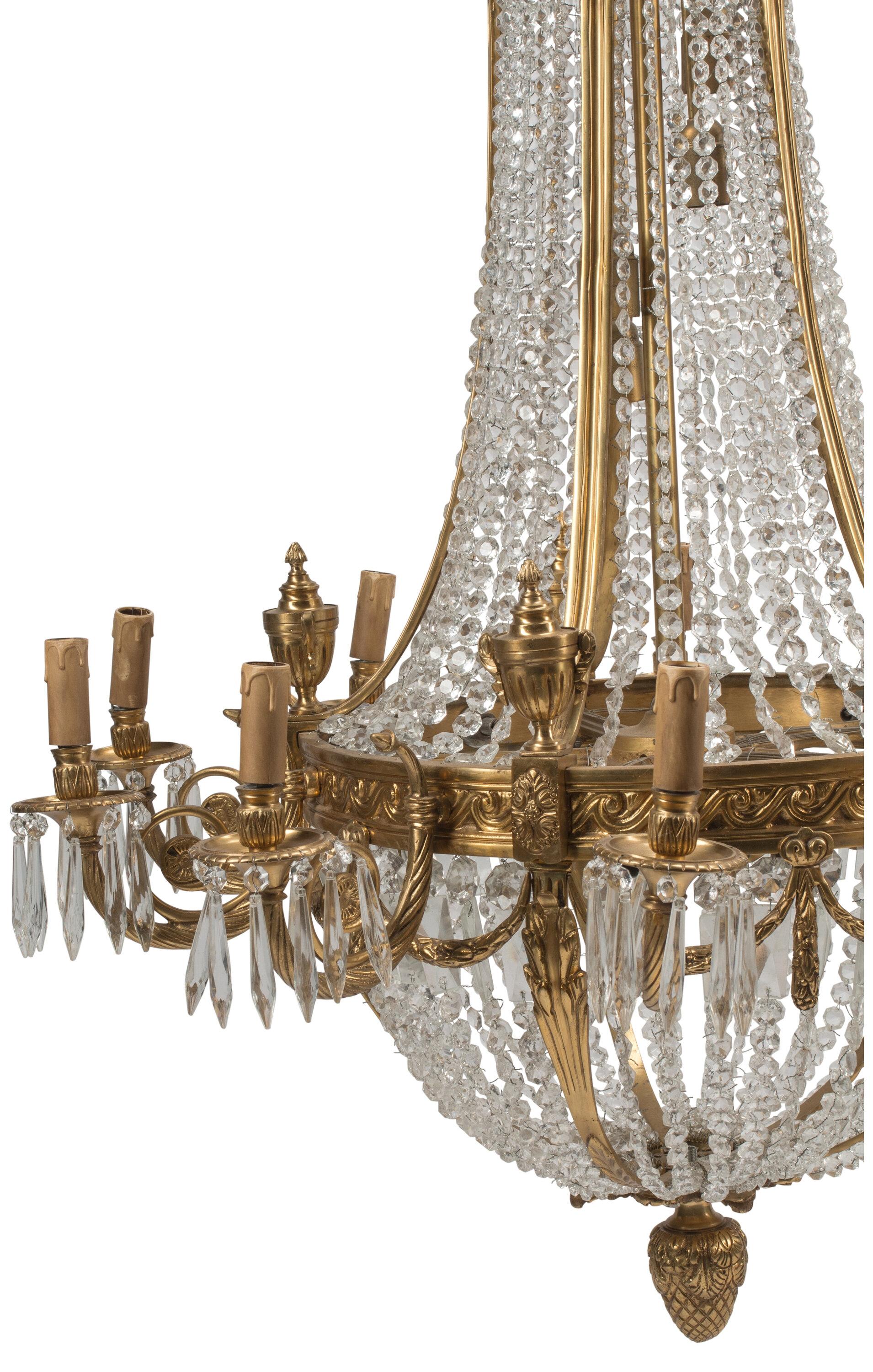 Late 20th Century Impressive Pair Of Neoclassical Style Cut Crystal And Bronze Chandeliers For Sale
