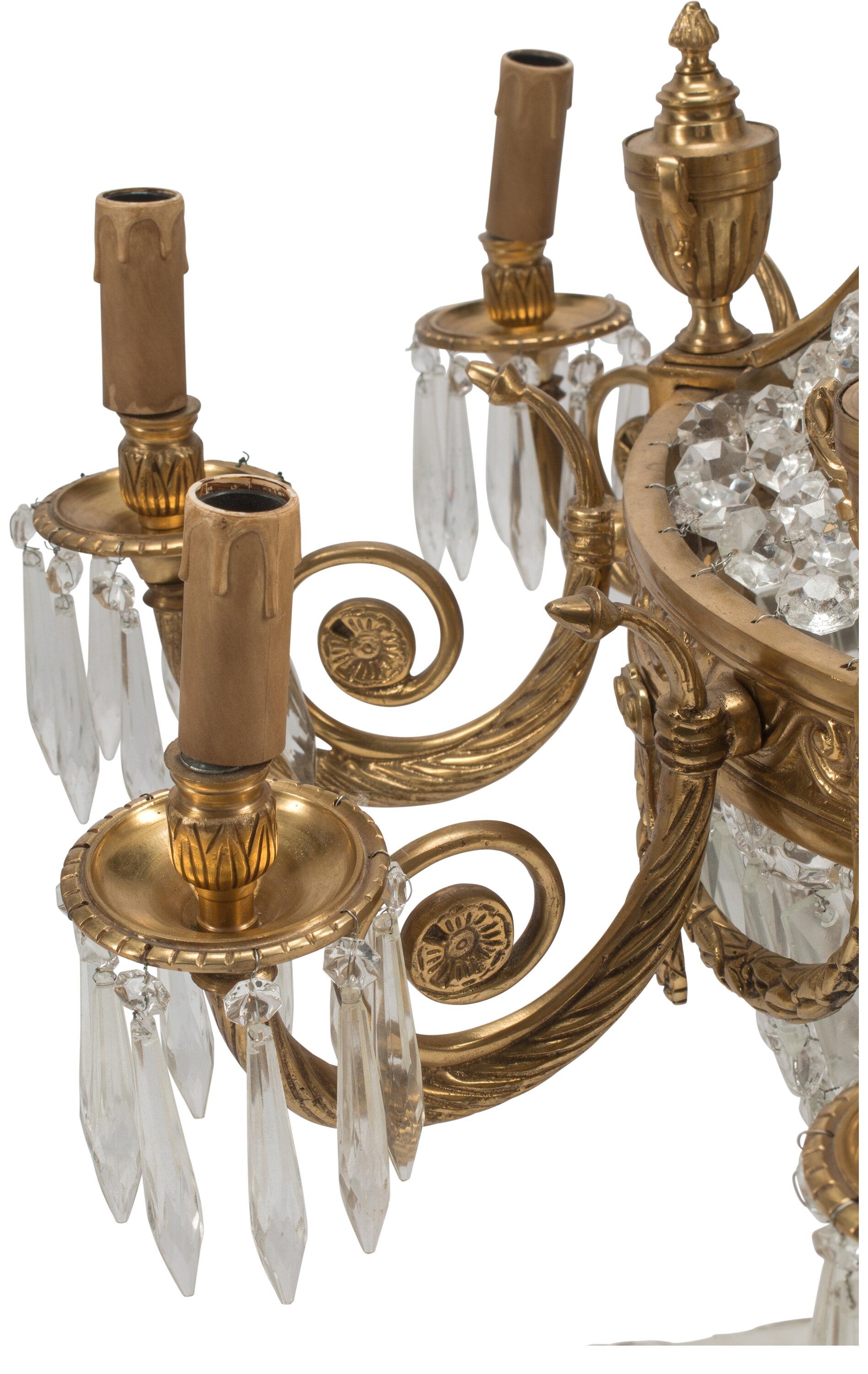 Impressive Pair Of Neoclassical Style Cut Crystal And Bronze Chandeliers For Sale 2