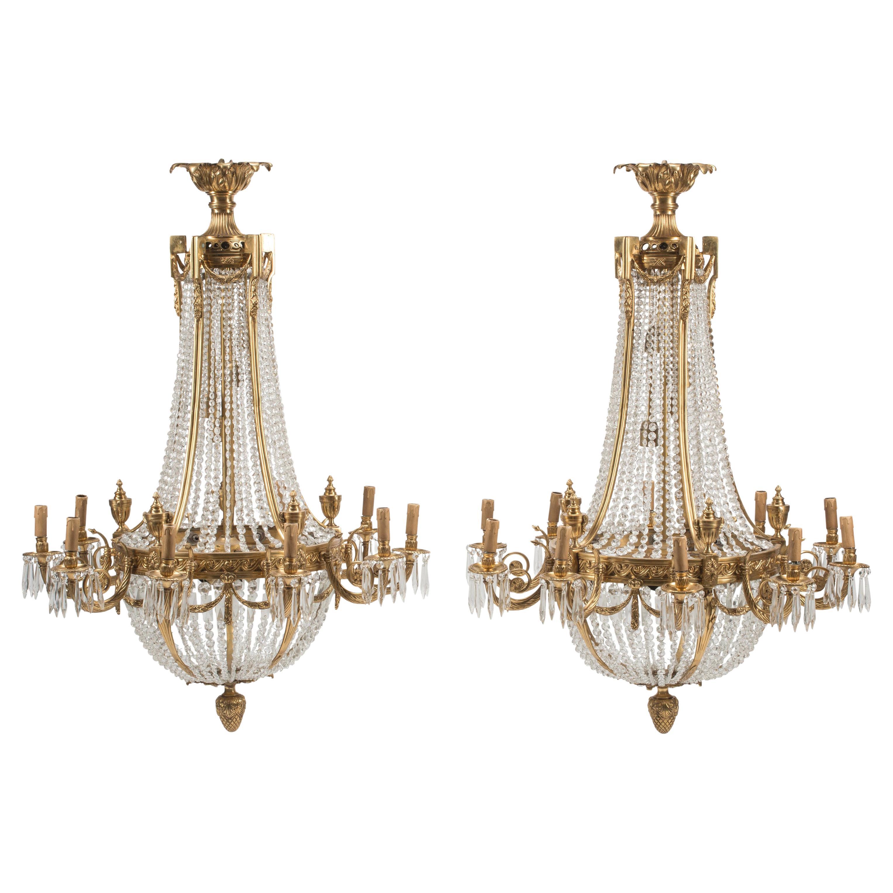 Impressive Pair Of Neoclassical Style Cut Crystal And Bronze Chandeliers For Sale