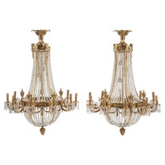 Vintage Impressive Pair Of Neoclassical Style Cut Crystal And Bronze Chandeliers