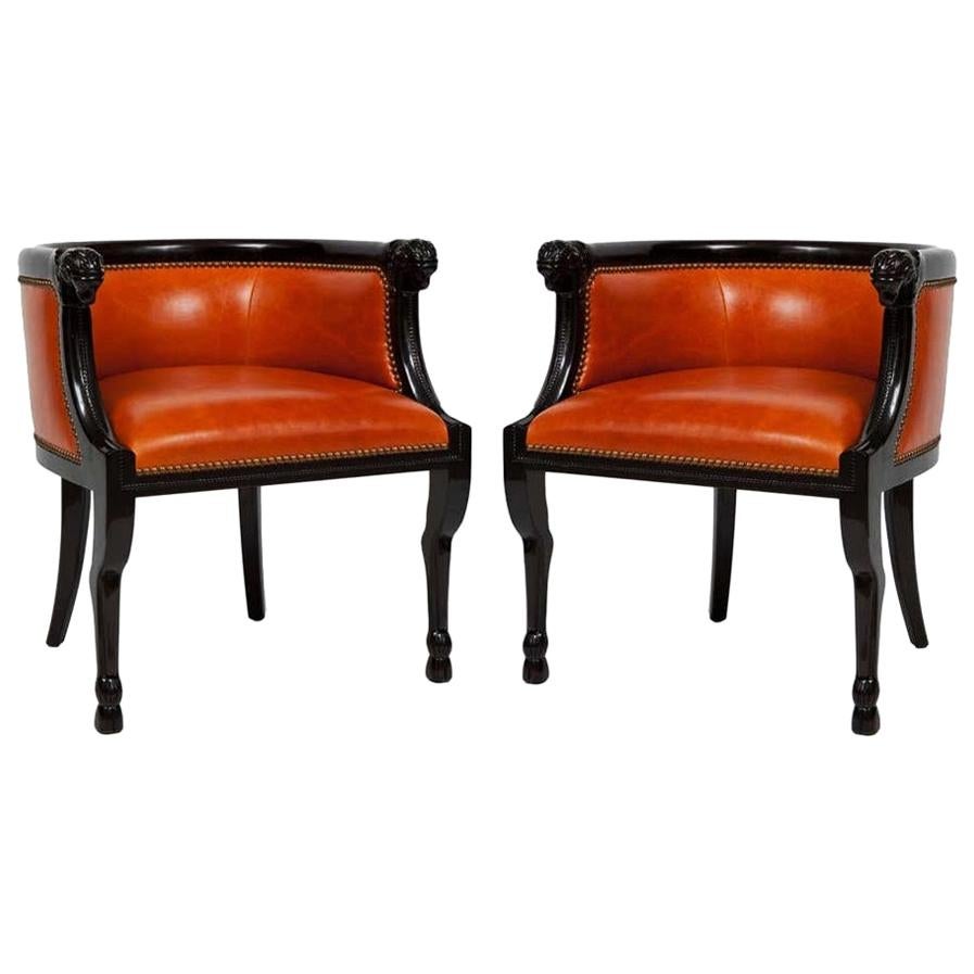 Impressive Pair of Neoclassical Style Lacquered Ram's Head Armchairs