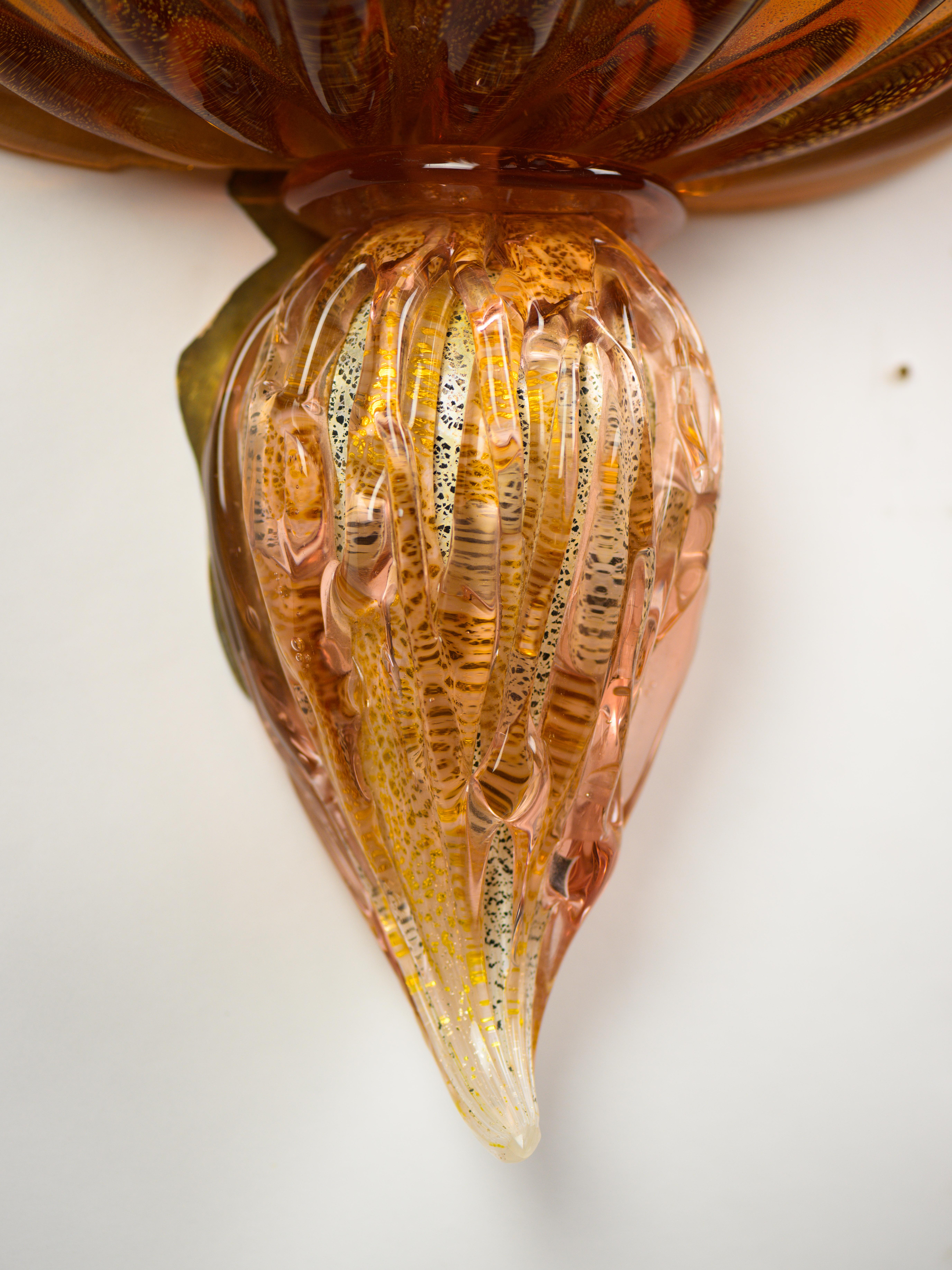Brass Impressive pair of orange Murano glass wall lamps  For Sale