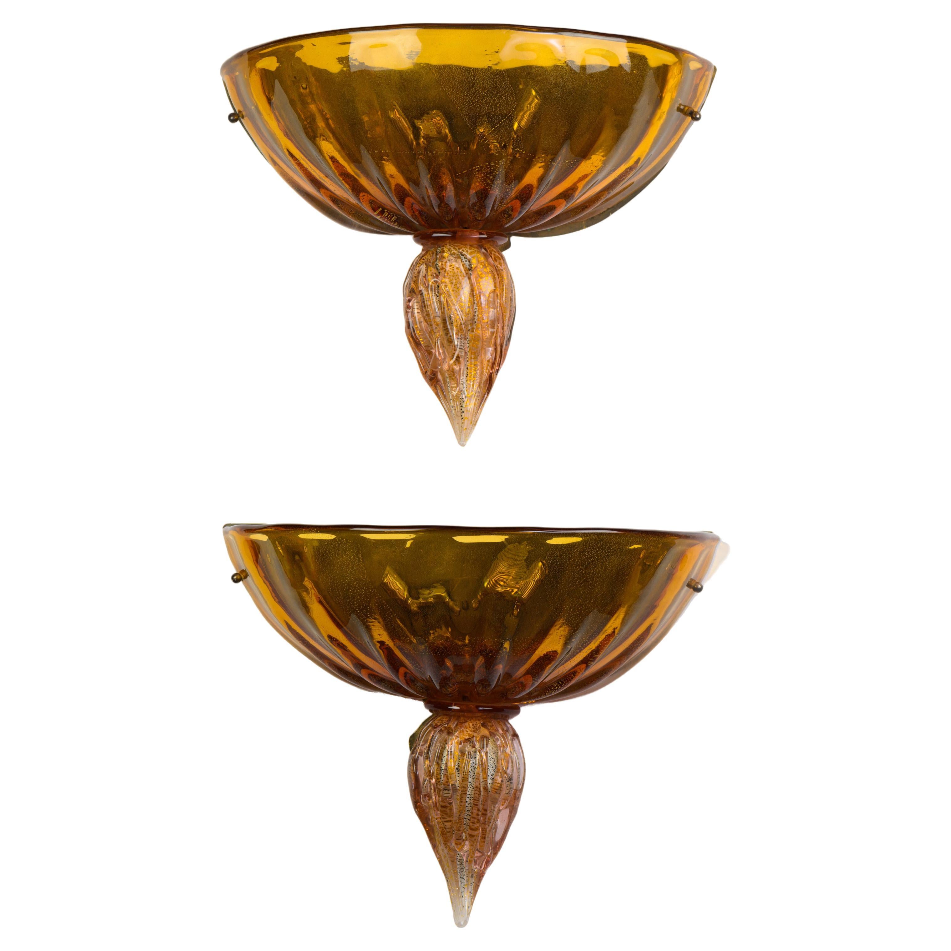 Impressive pair of orange Murano glass wall lamps  For Sale