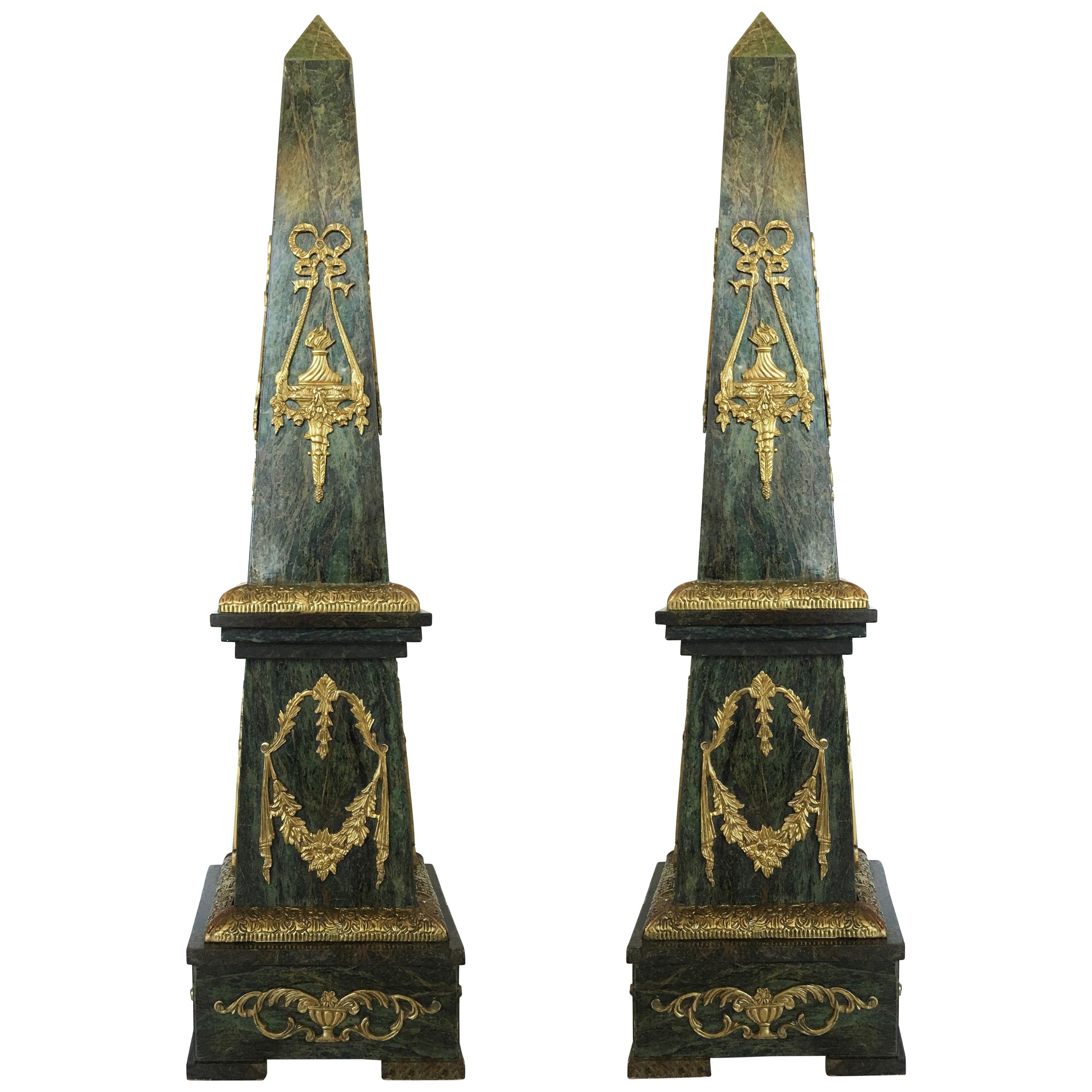 Impressive Pair of Ormolu Mounted Marble Obelisks For Sale