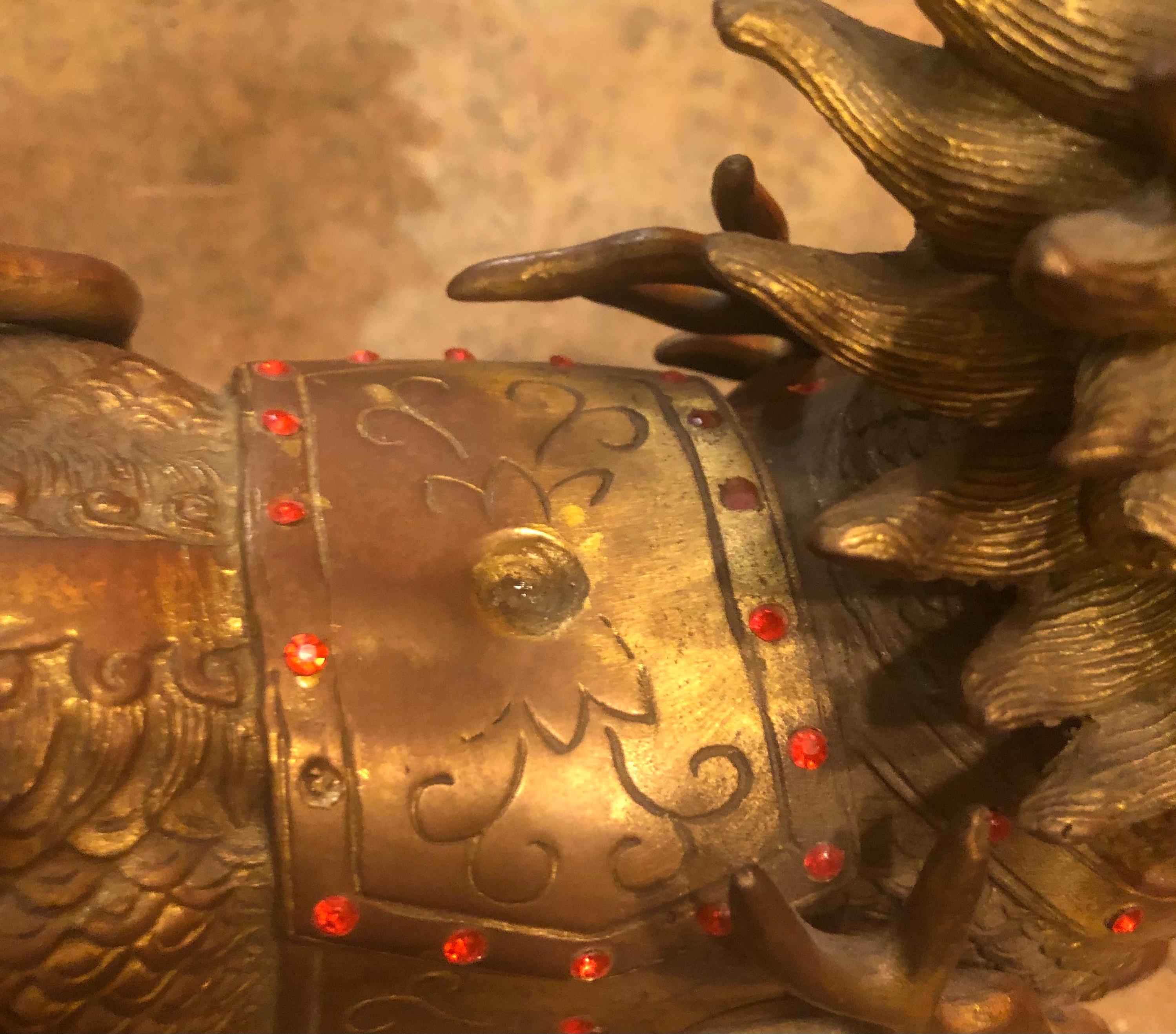 Impressive Pair of Patinated Bronze Chinese Foo Dogs / Lions Statues or Bookends 8