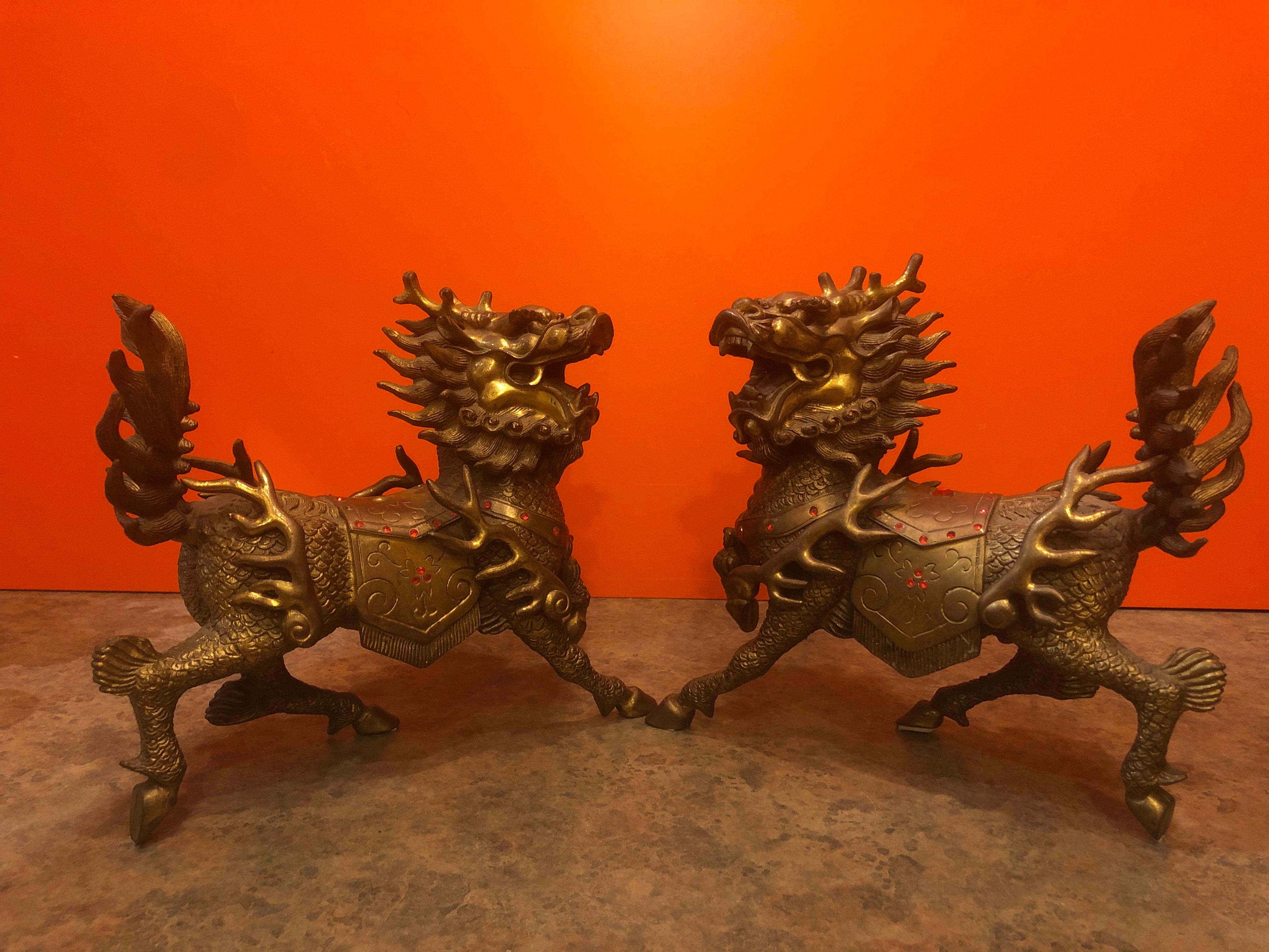 Impressive Pair of Patinated Bronze Chinese Foo Dogs / Lions Statues or Bookends 9
