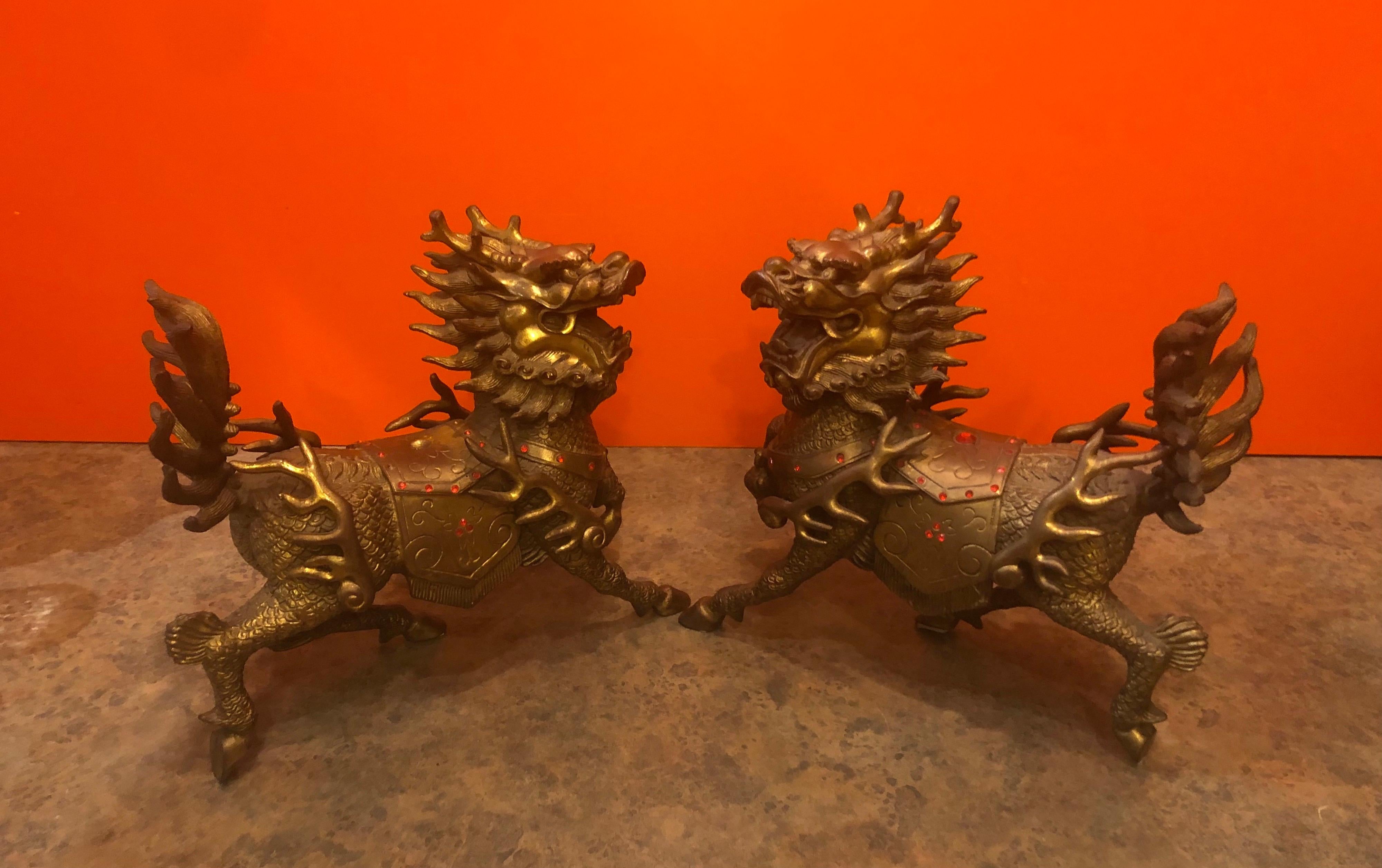 Impressive Pair of Patinated Bronze Chinese Foo Dogs / Lions Statues or Bookends In Good Condition In San Diego, CA