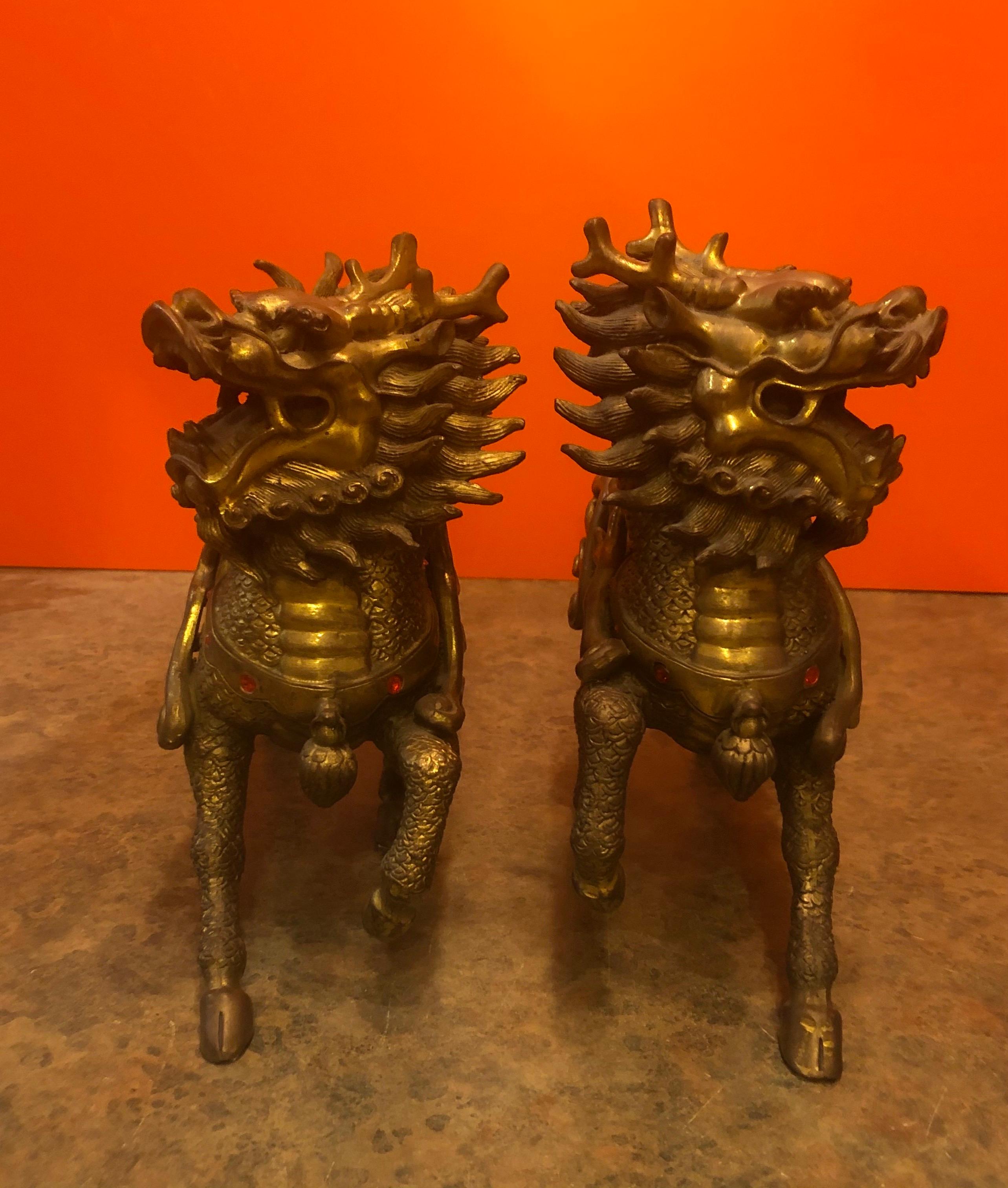 20th Century Impressive Pair of Patinated Bronze Chinese Foo Dogs / Lions Statues or Bookends